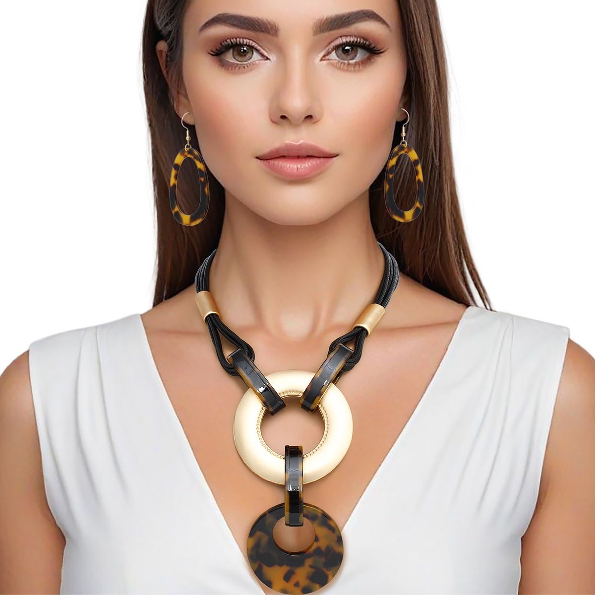 Multi Strand Leather Necklace Matte Gold Leopard Pendant & Earring Set