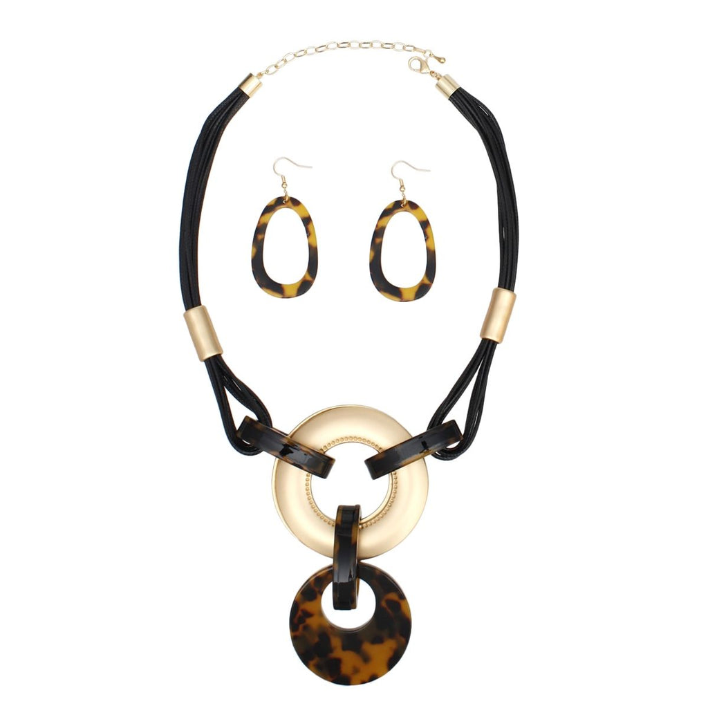 Multi Strand Leather Necklace Matte Gold Leopard Pendant & Earring Set