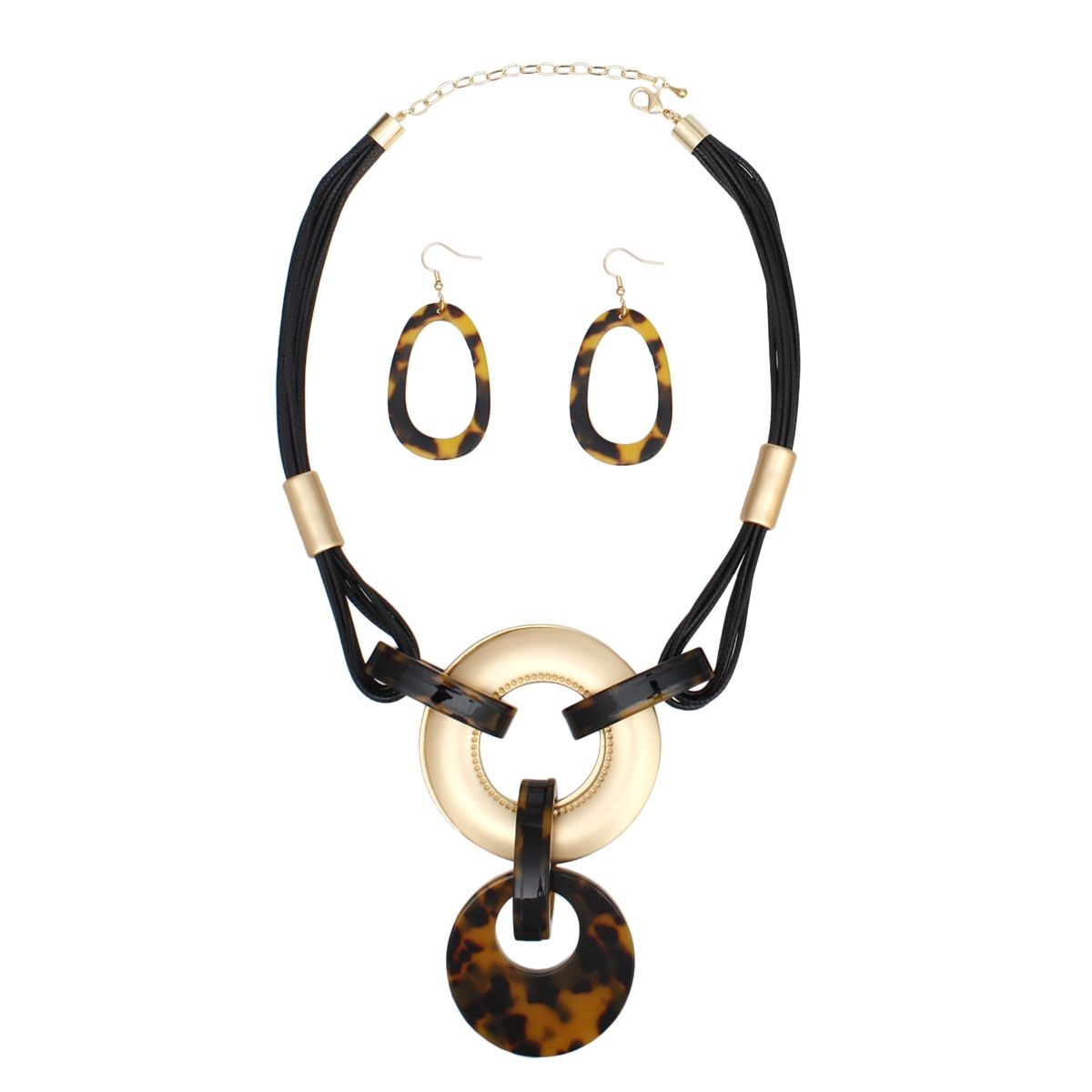 Multi Strand Leather Necklace Matte Gold Leopard Pendant & Earring Set