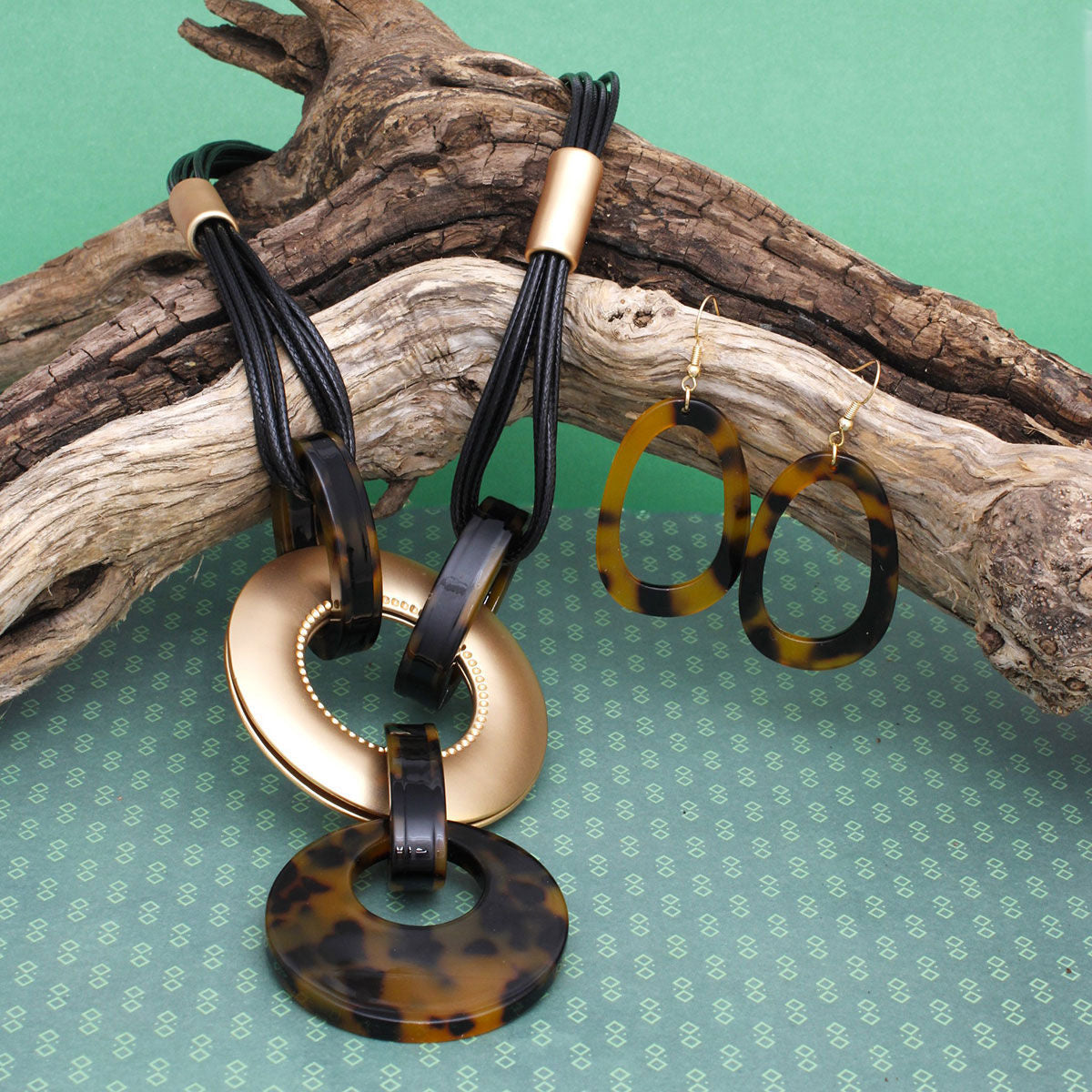 Multi Strand Leather Necklace Matte Gold Leopard Pendant & Earring Set