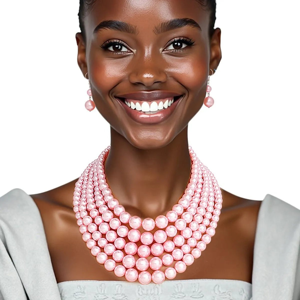 5-Strand Pink Pearl Necklace Set - Elegant & Affordable Jewelry