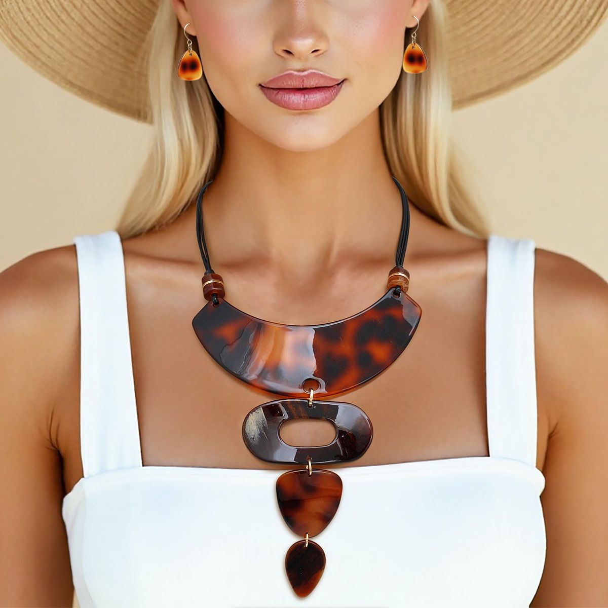 Leopard Drop Collar Necklace Set – Faux Tortoiseshell Acrylic Statement