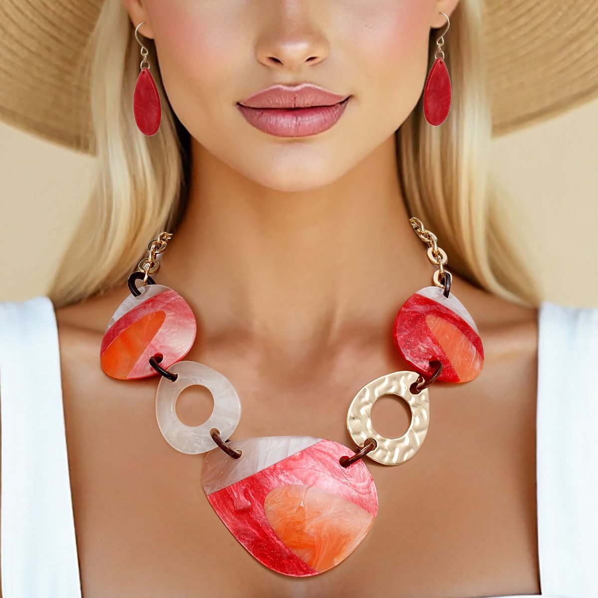 Marbled Acrylic Disc Necklace Set Gold Oval Link Red and Orange Discs