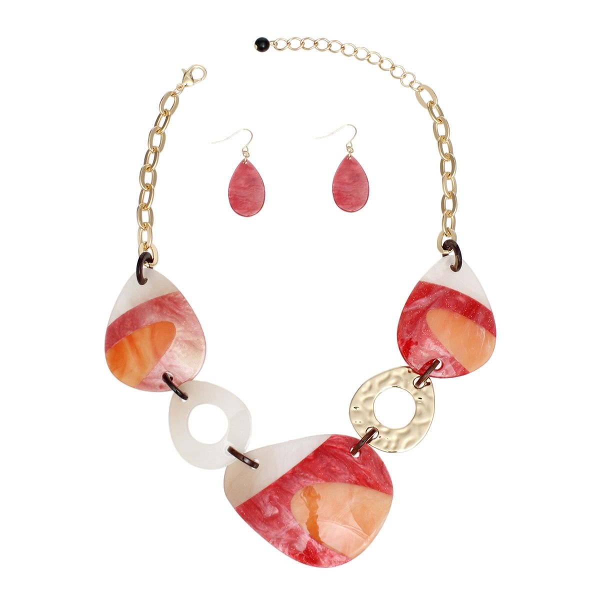 Marbled Acrylic Disc Necklace Set Gold Oval Link Red and Orange Discs