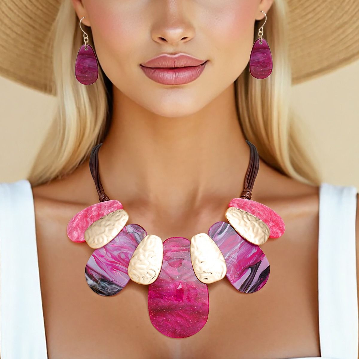 Fuchsia Pink Teardrop Vegan Leather Necklace Set | Fashion Jewelry