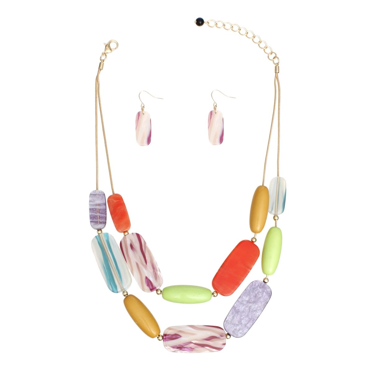 Multicolor Acrylic Bead Necklace Gold Snake Chain Earrings Set | Fashion Jewelry