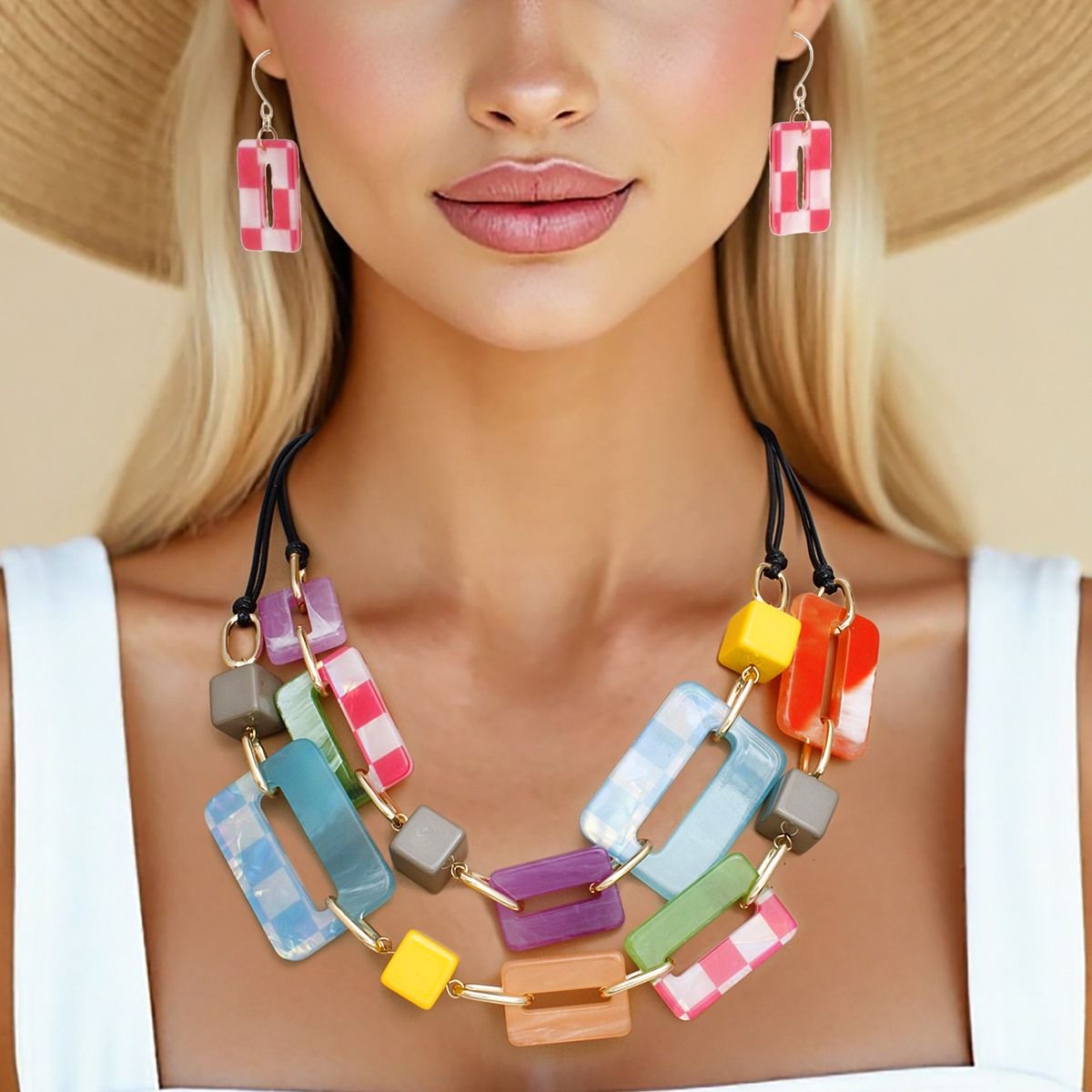 Vegan Leather Necklace Set | Multicolor Acrylic Links Statement Jewelry