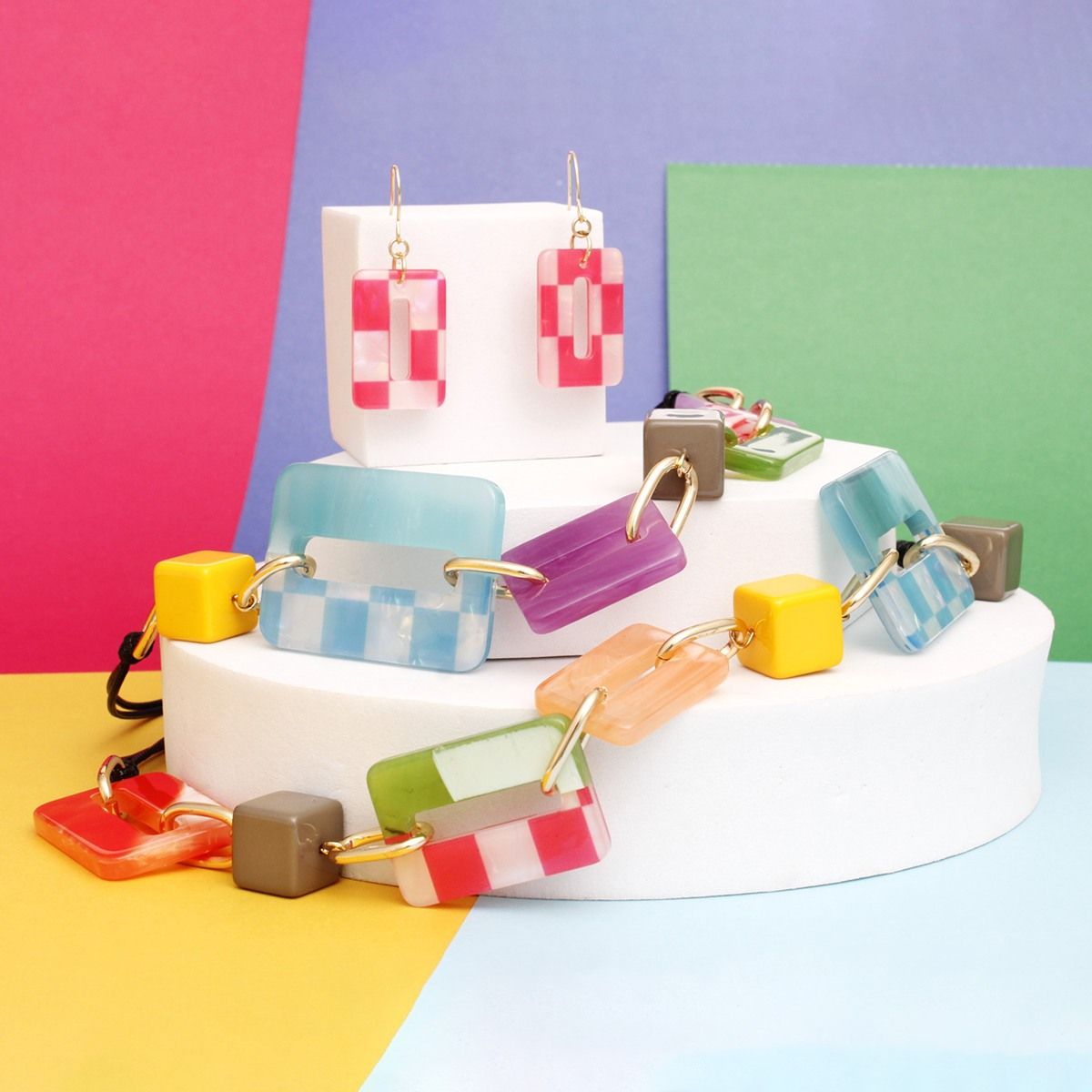 Vegan Leather Necklace Set | Multicolor Acrylic Links Statement Jewelry