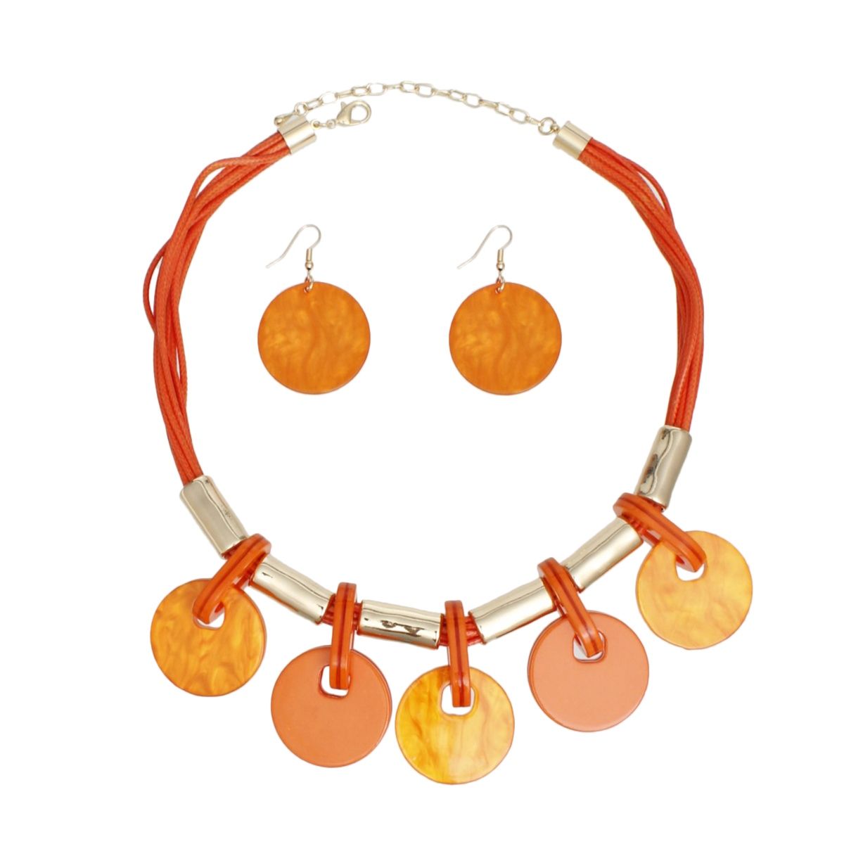 Orange Collar Necklace Set Marbled Acrylic Discs & Vegan Leather