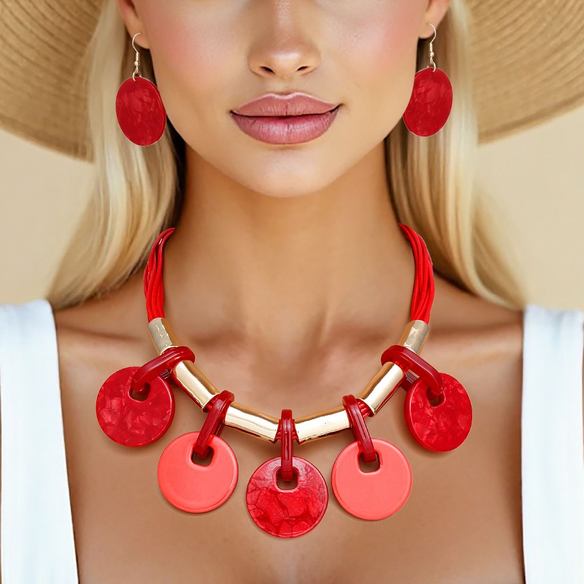 Red Vegan Leather Cord Necklace Set Marbled Discs Statement Jewelry