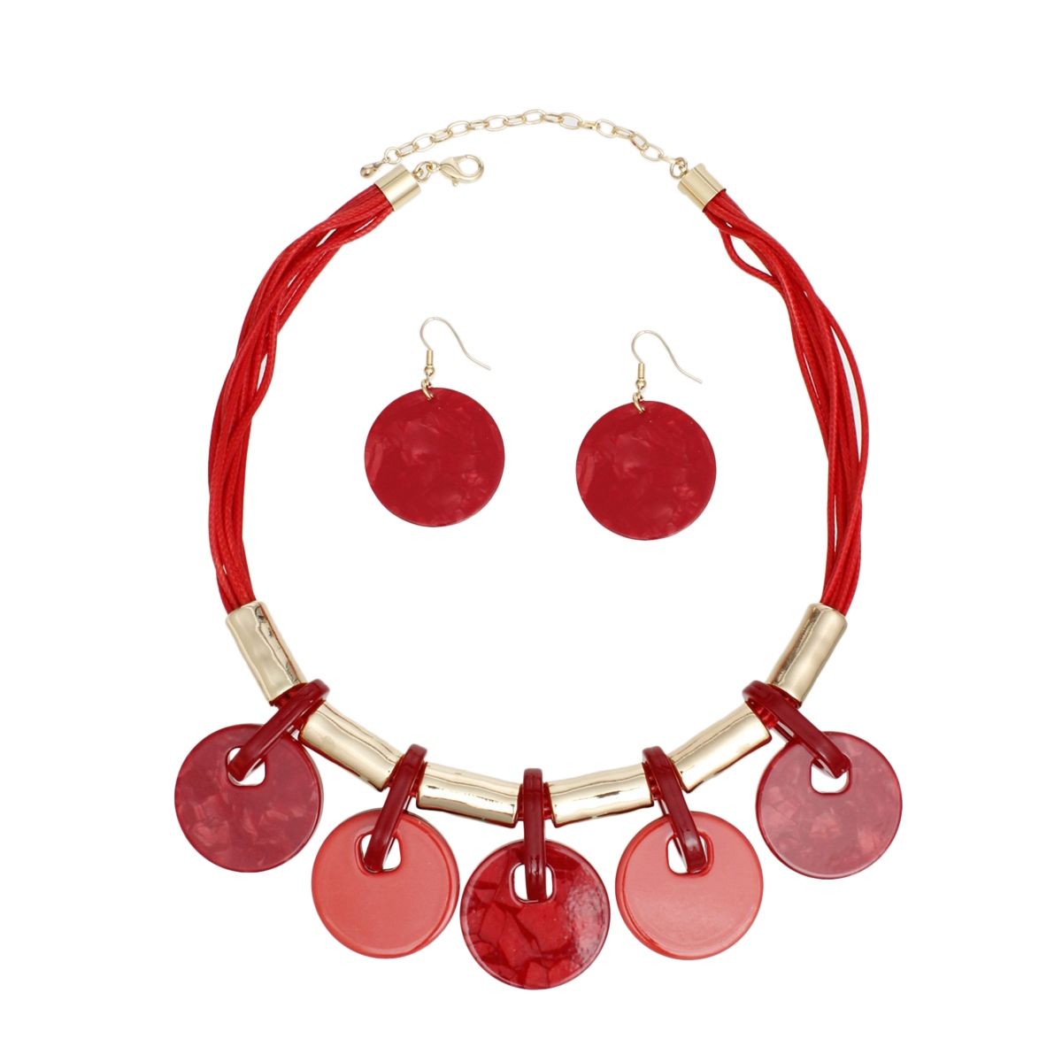Red Vegan Leather Cord Necklace Set Marbled Discs Statement Jewelry