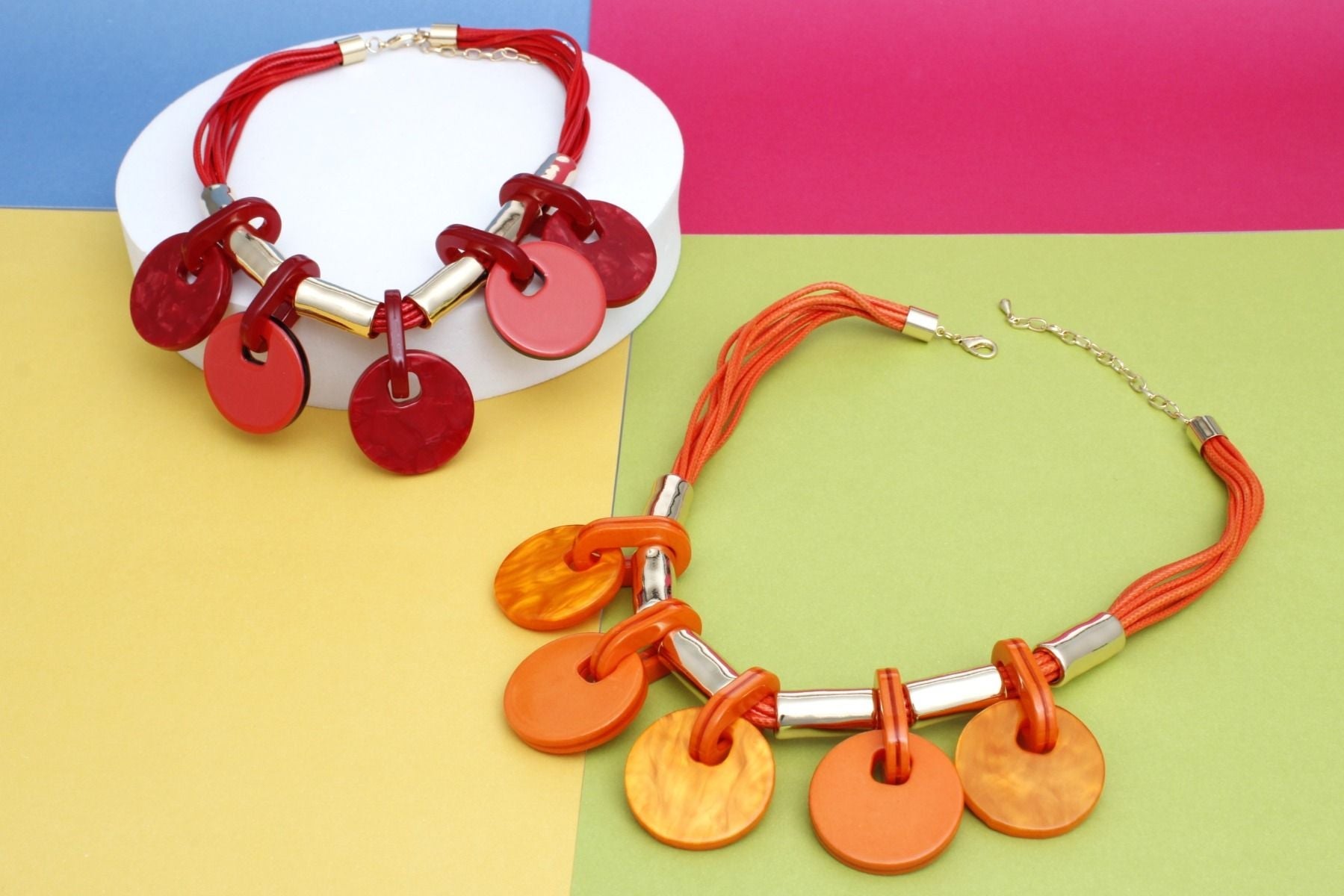 Red Vegan Leather Cord Necklace Set Marbled Discs Statement Jewelry