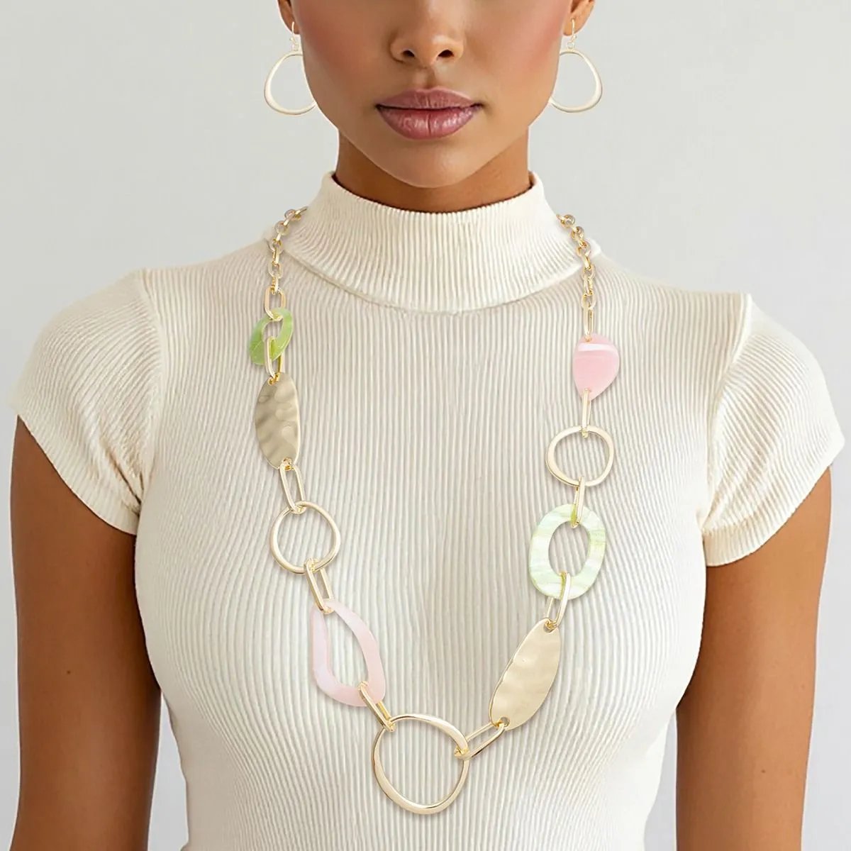 Long Link Necklace Set – Gold Tone, Marbled Pink and Green Acrylic