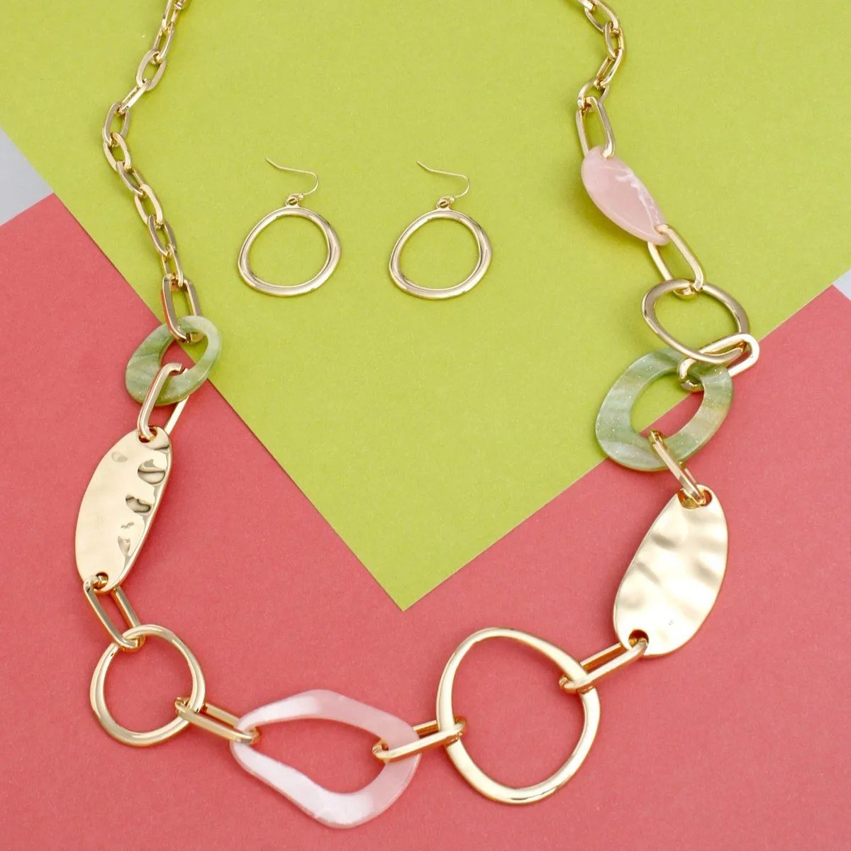 Long Link Necklace Set – Gold Tone, Marbled Pink and Green Acrylic