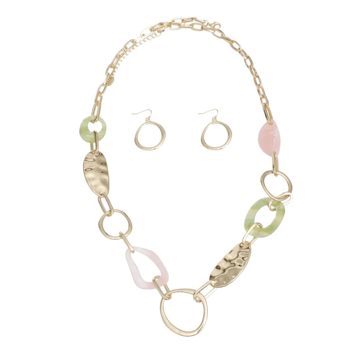 Long Link Necklace Set – Gold Tone, Marbled Pink and Green Acrylic
