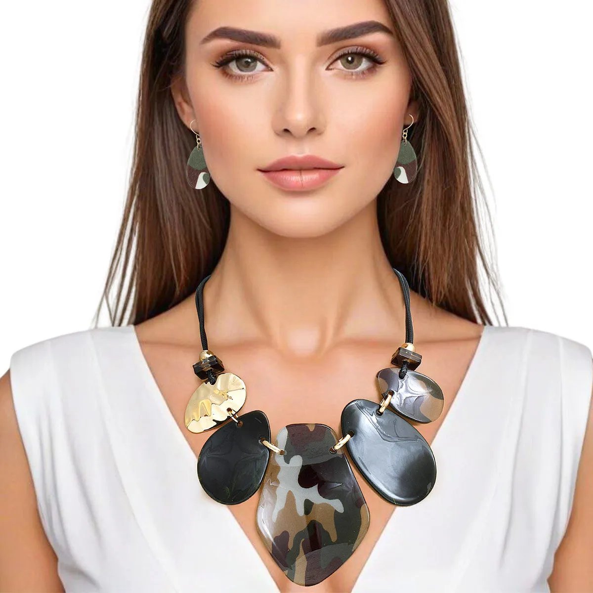 Camouflage Bib Necklace Set | Statement Acrylic & Leather Jewelry