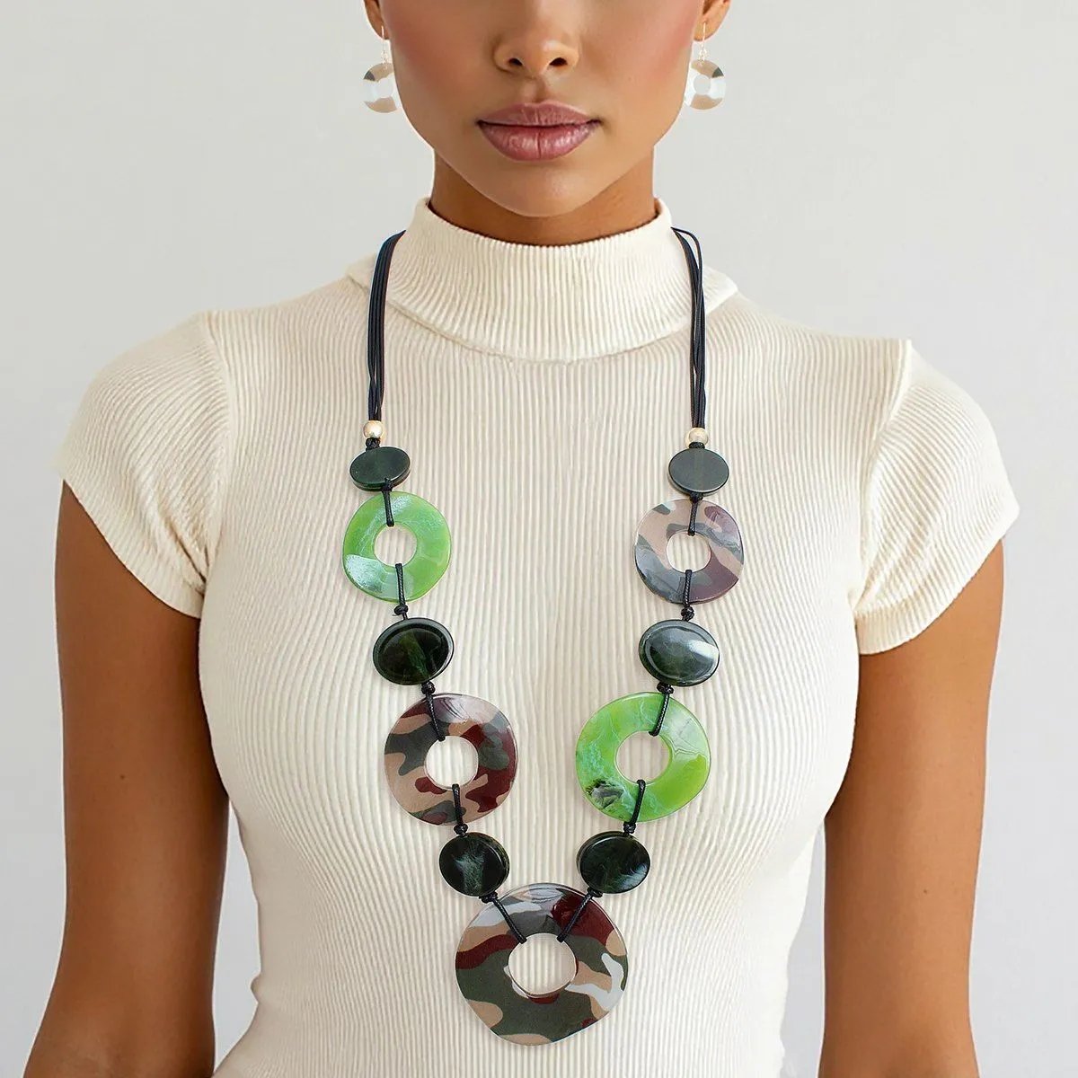 Green Camouflage Acrylic Necklace Statement Set