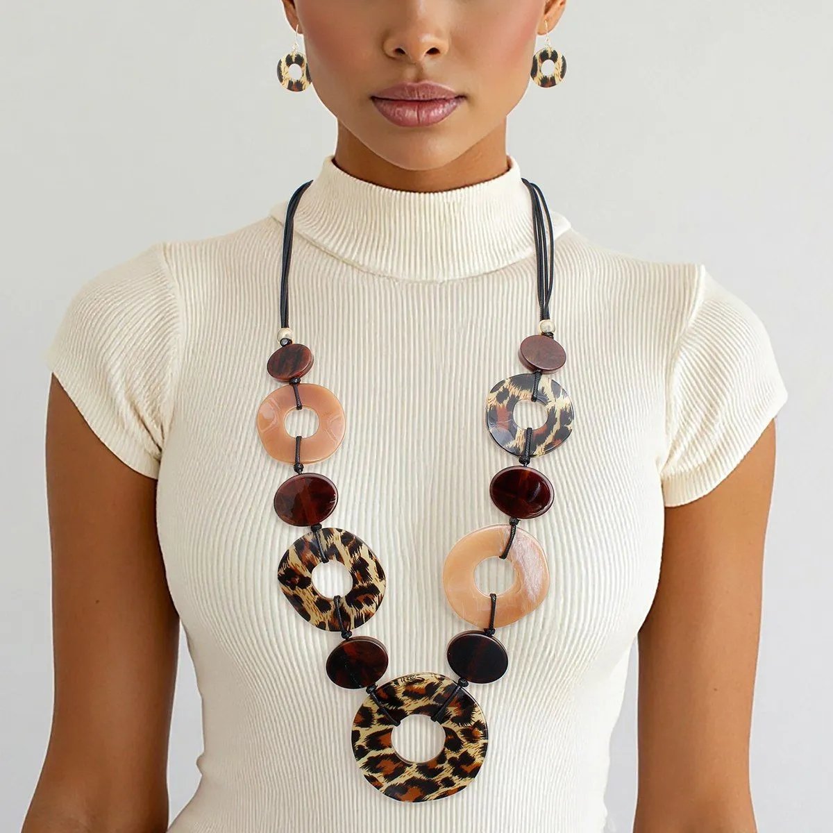Leopard Print Necklace Set Marbled Brown Acrylic Rings Statement Jewelry