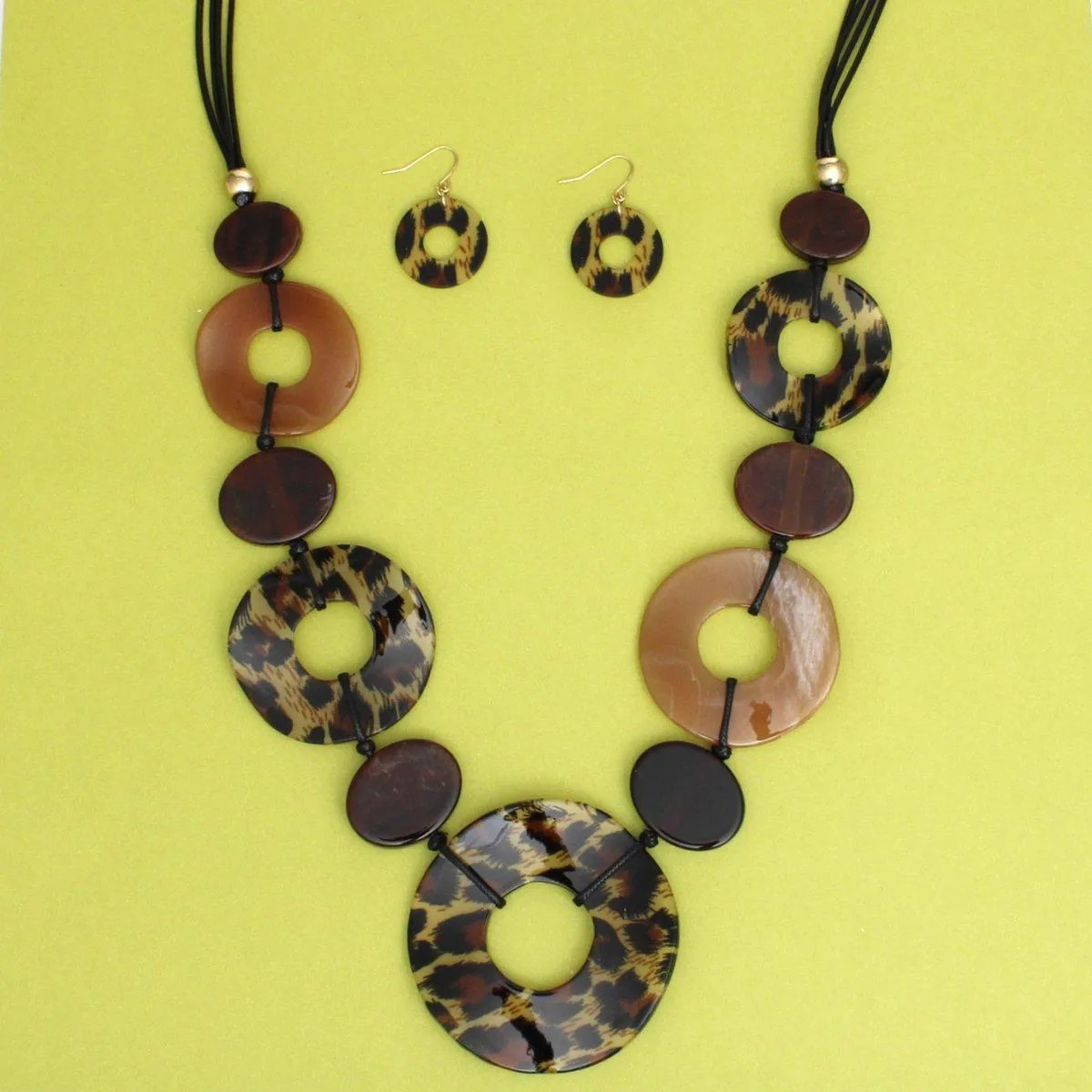 Leopard Print Necklace Set Marbled Brown Acrylic Rings Statement Jewelry