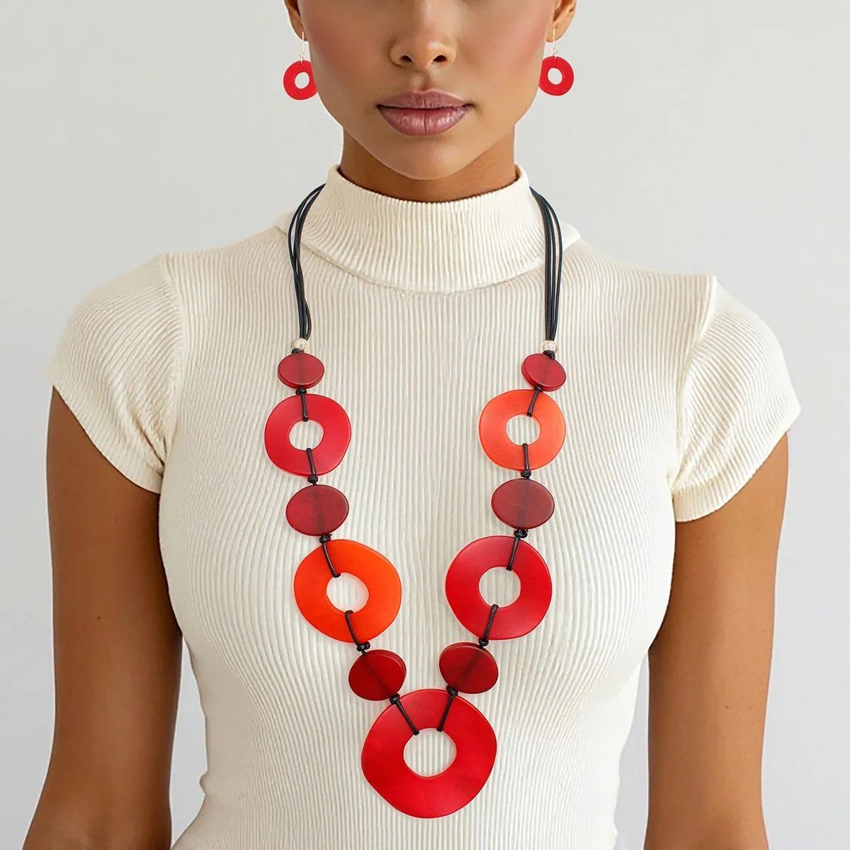 Red Acrylic Circle Necklace Graduated Red Ovals Statement Set