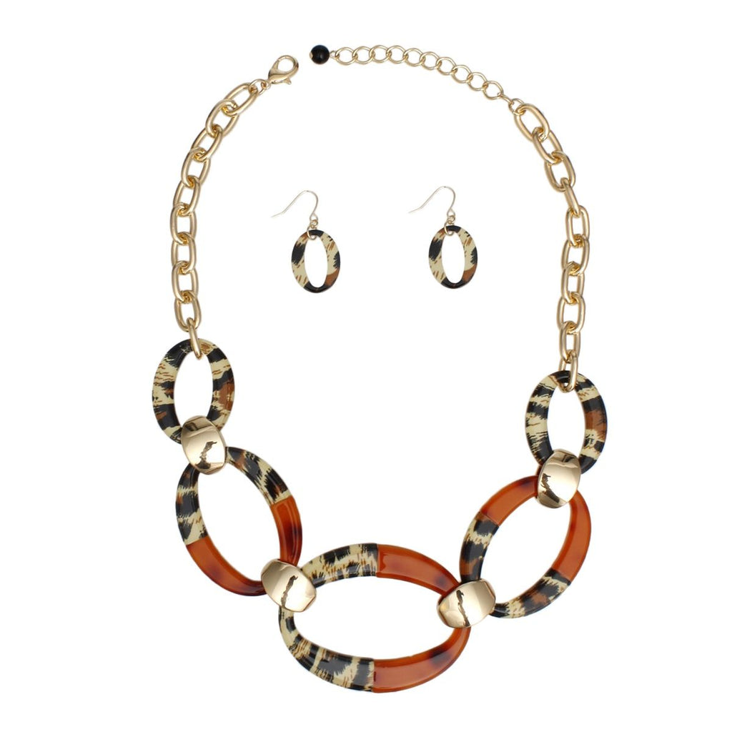 Marbled Acrylic Oval Link Collar Necklace with Gold Spacer Earring Set