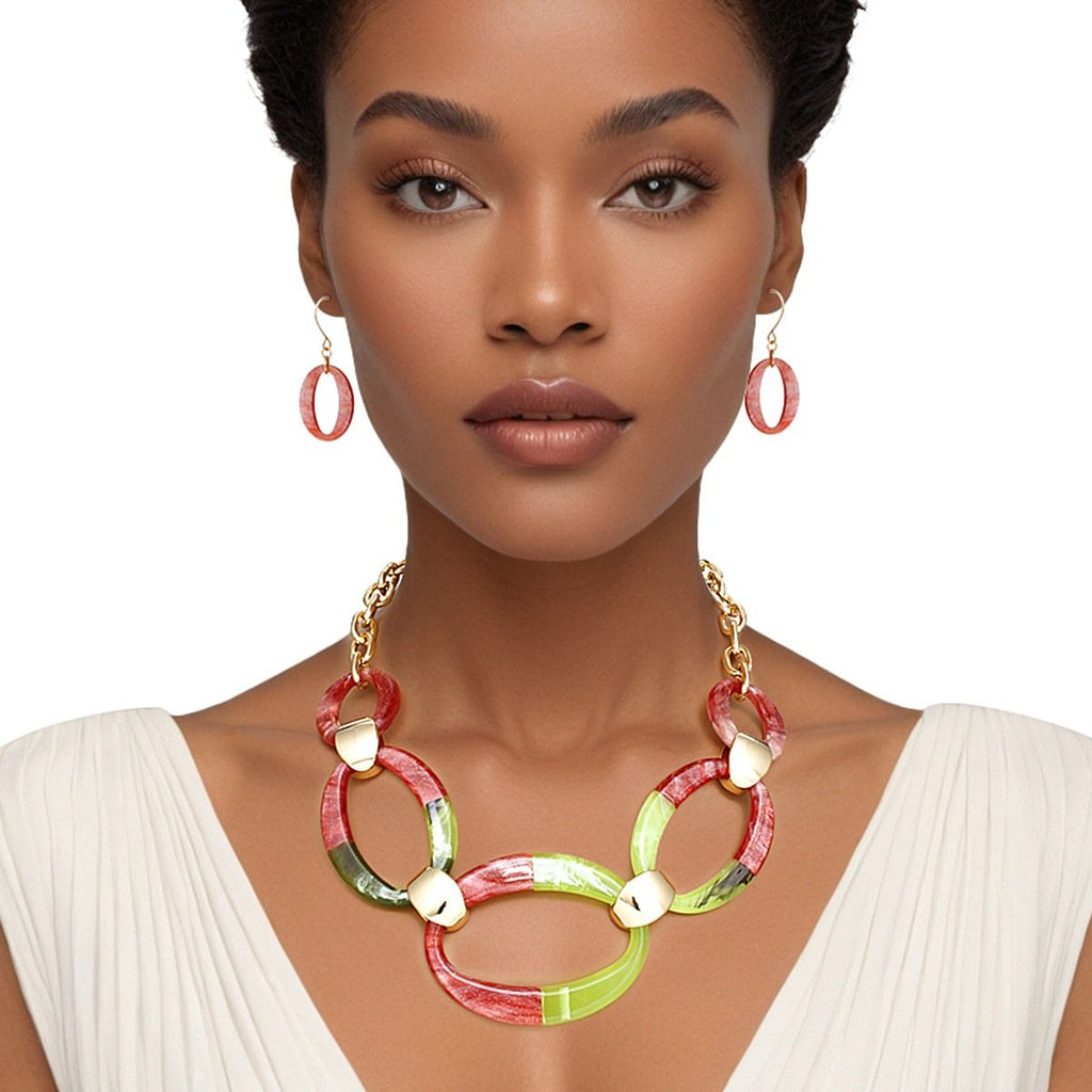 Link Necklace Set Marbled Acrylic Oval Chain with Earrings | Fashion Jewelry