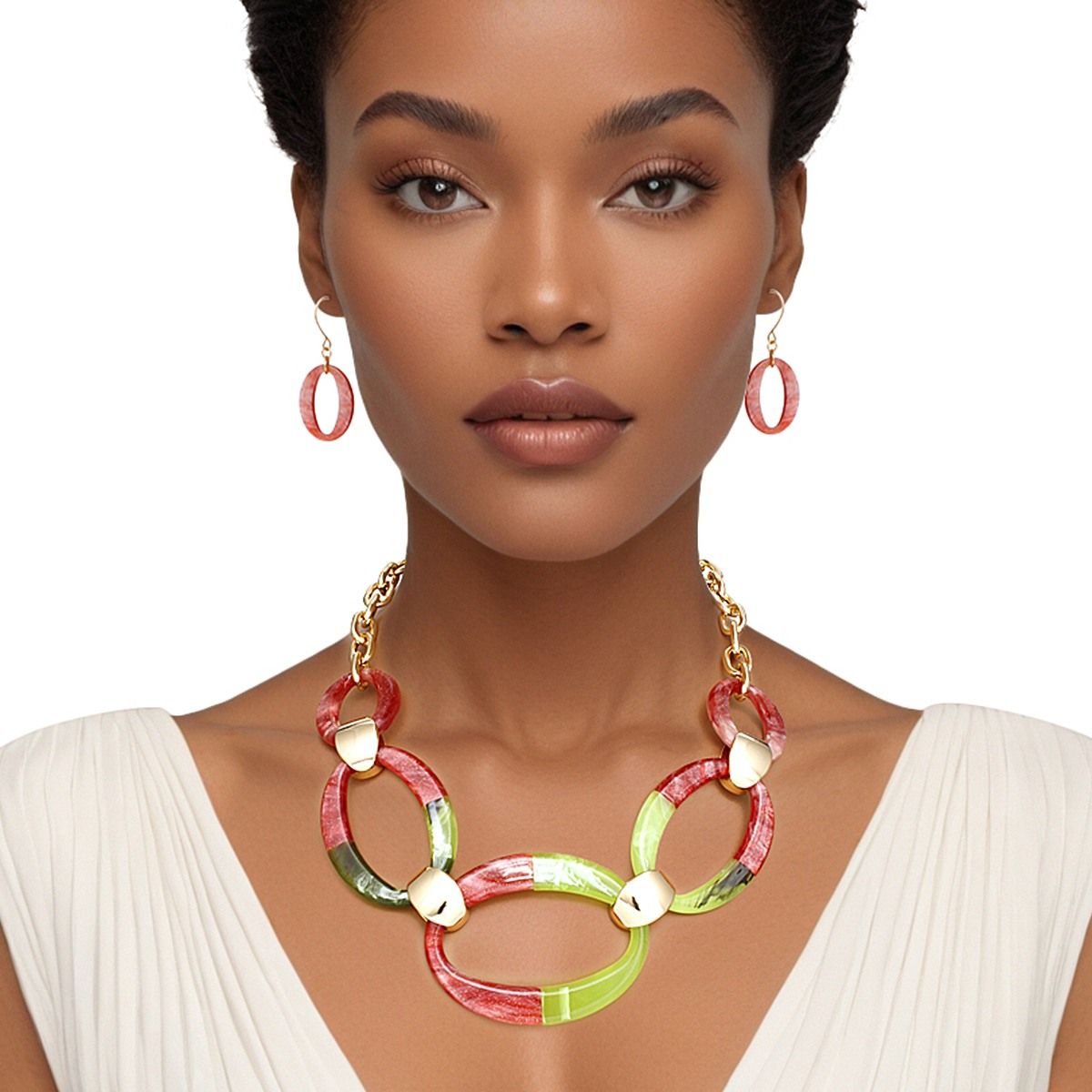 Link Necklace Set Marbled Acrylic Oval Chain with Earrings | Fashion Jewelry