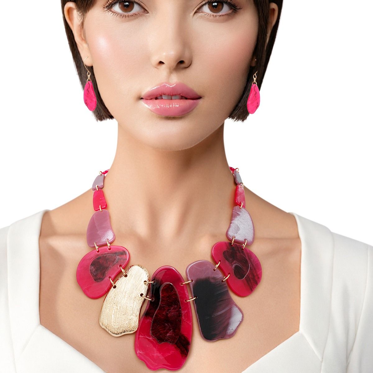 Fuchsia Marbled Statement Necklace with Earrings | Fashion Jewelry
