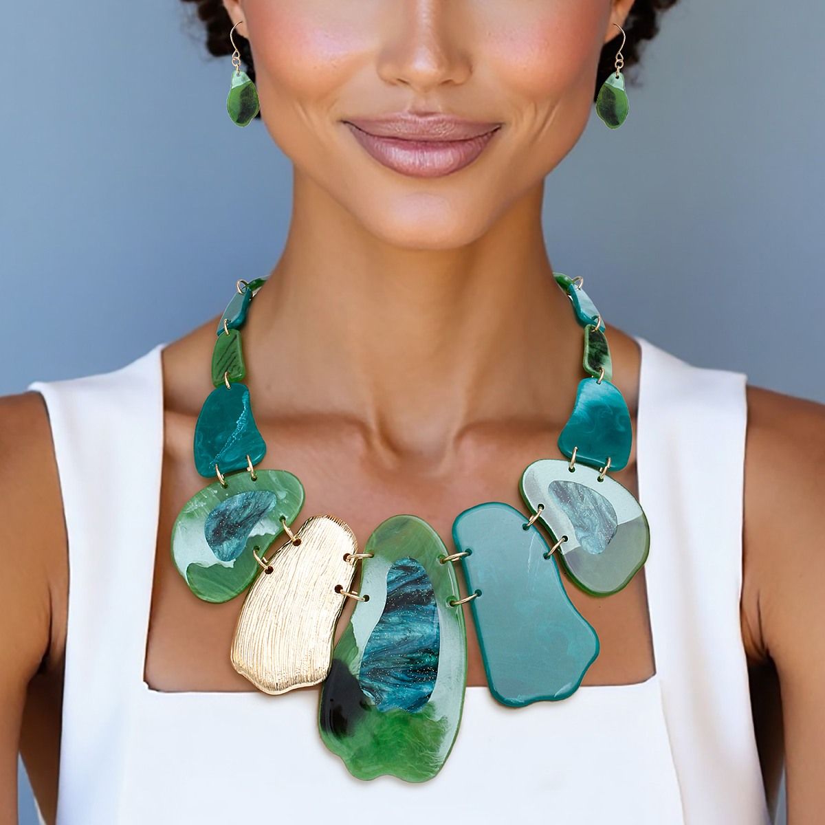 Green Blue Abstract Statement Necklace Set | Fashion Jewelry