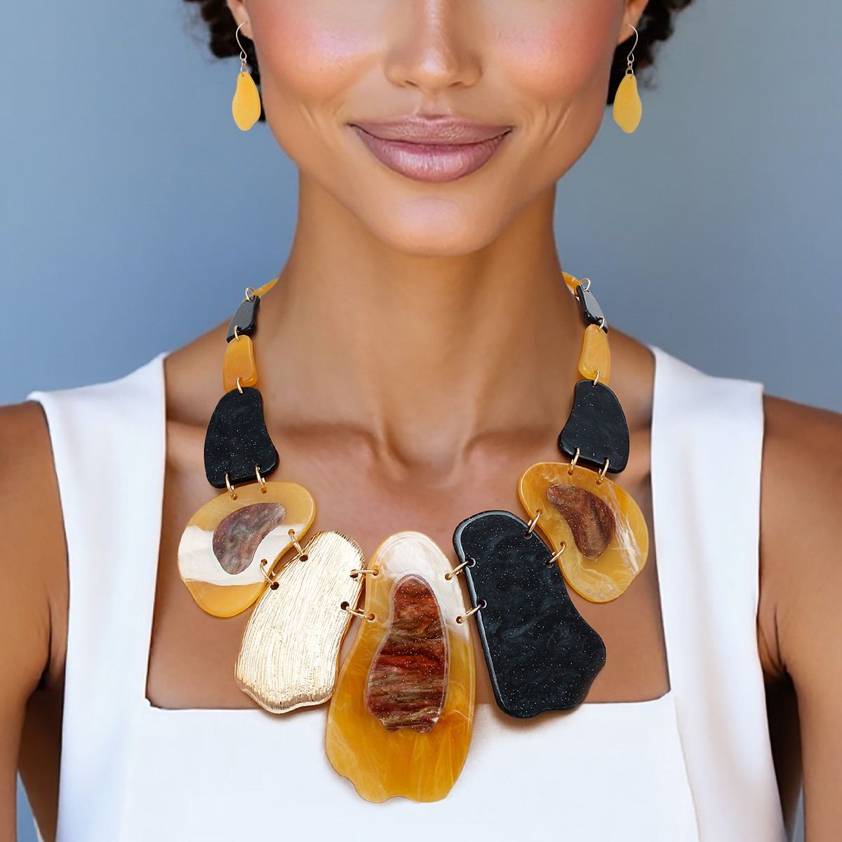 Statement Necklace Marbled Mustard Yellow Black Gold Earrings
