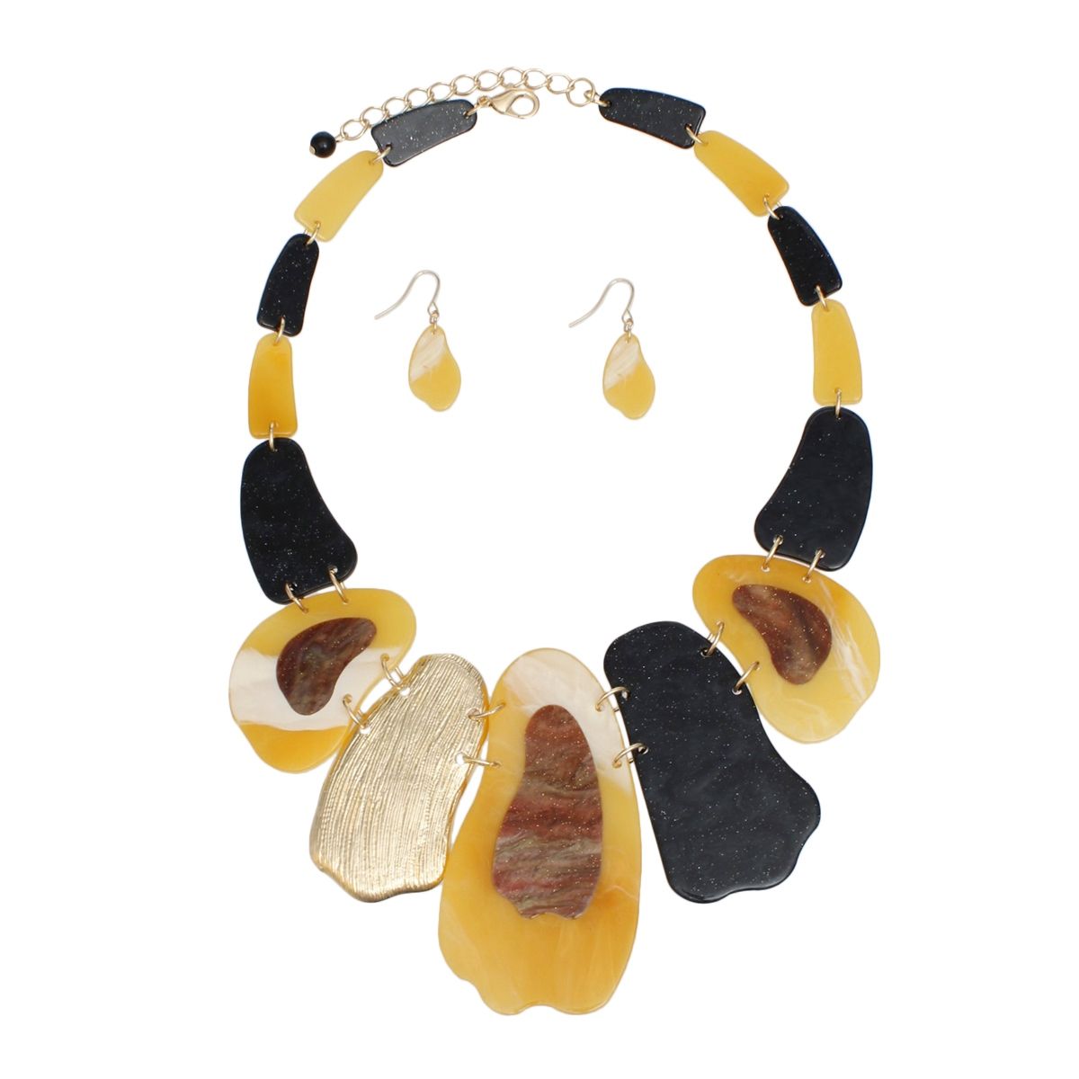 Statement Necklace Marbled Mustard Yellow Black Gold Earrings