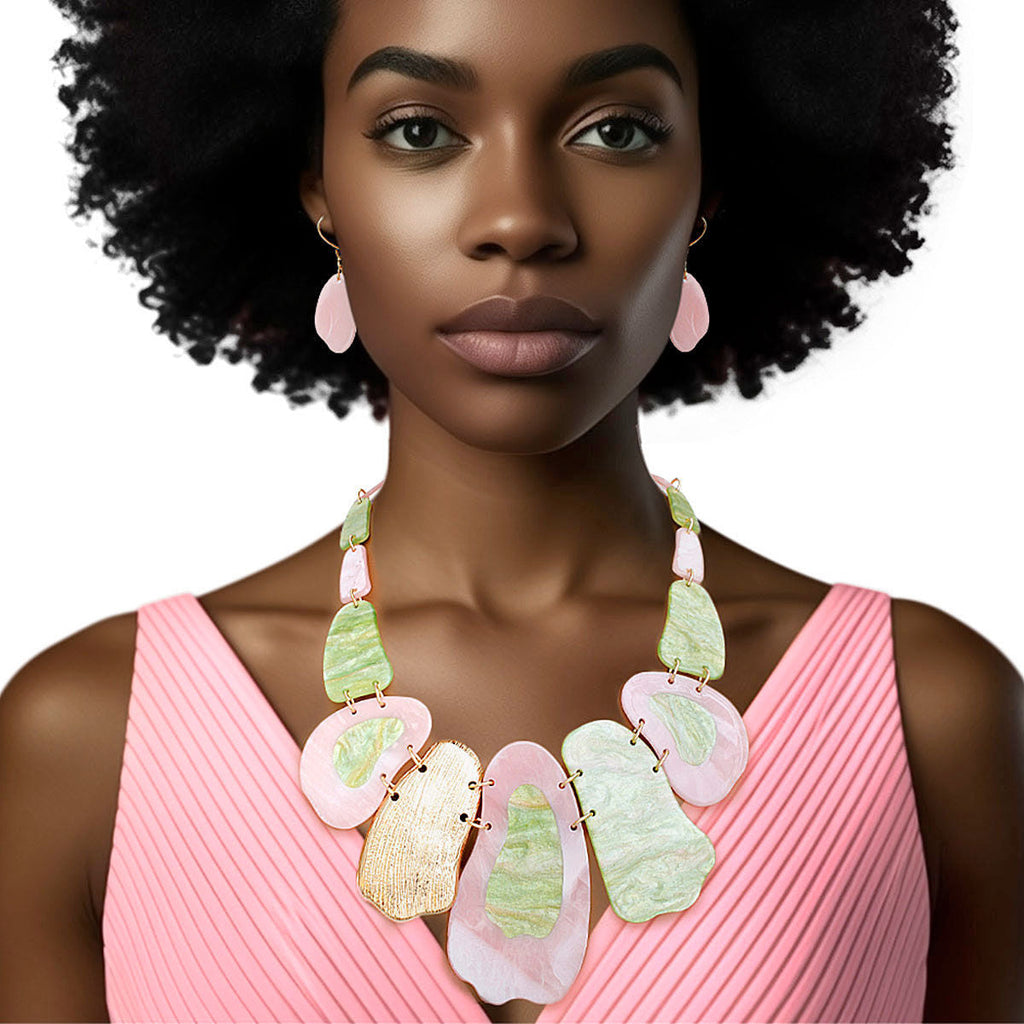 Pink Green Acrylic Linked Bib Necklace Set with Earrings