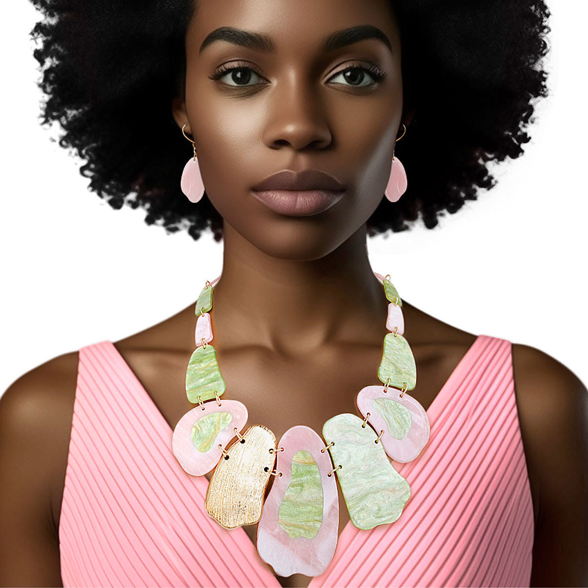 Pink Green Acrylic Linked Bib Necklace Set with Earrings