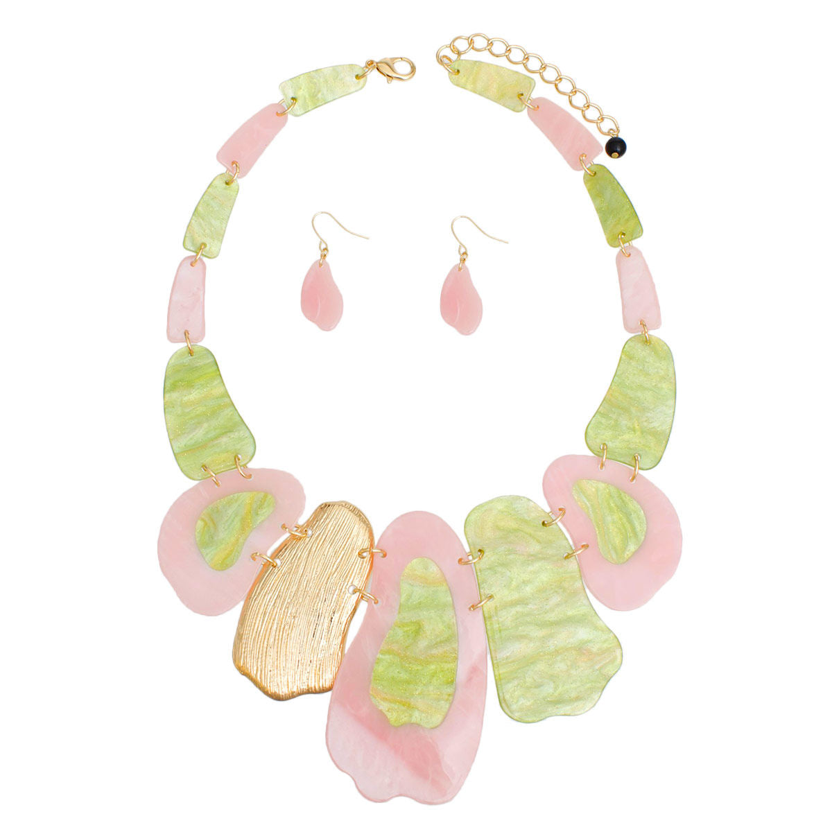 Pink Green Acrylic Linked Bib Necklace Set with Earrings