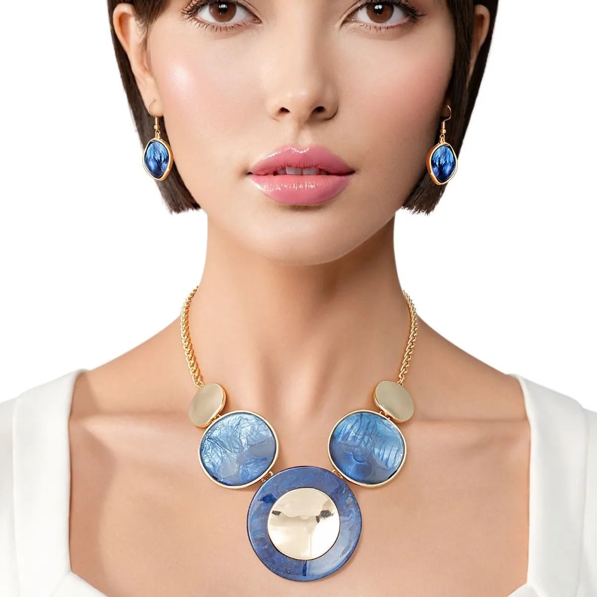 Blue Collar Necklace Set | Gold Tone & Marbled Resin Discs Design | Fashion Jewelry