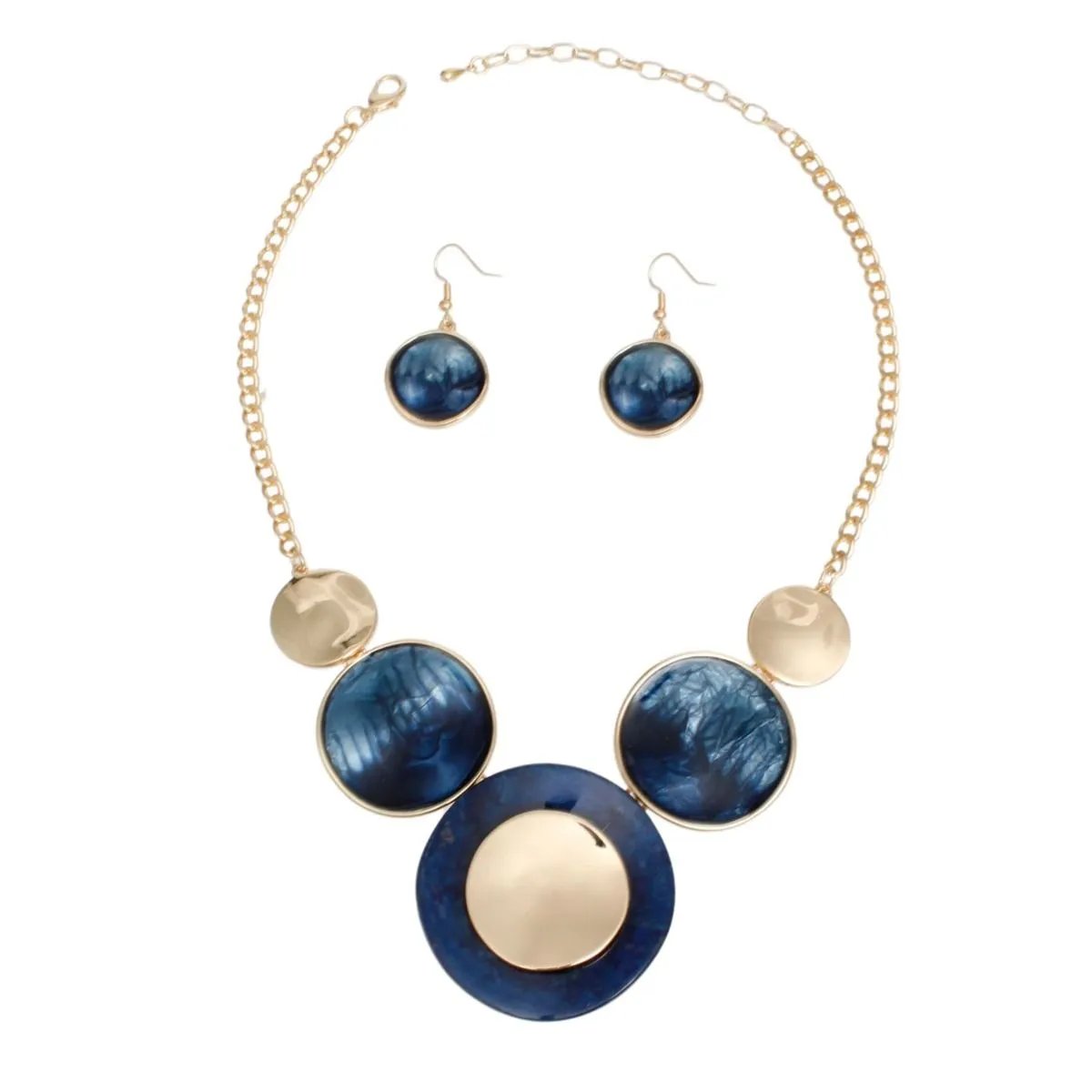 Blue Collar Necklace Set | Gold Tone & Marbled Resin Discs Design | Fashion Jewelry