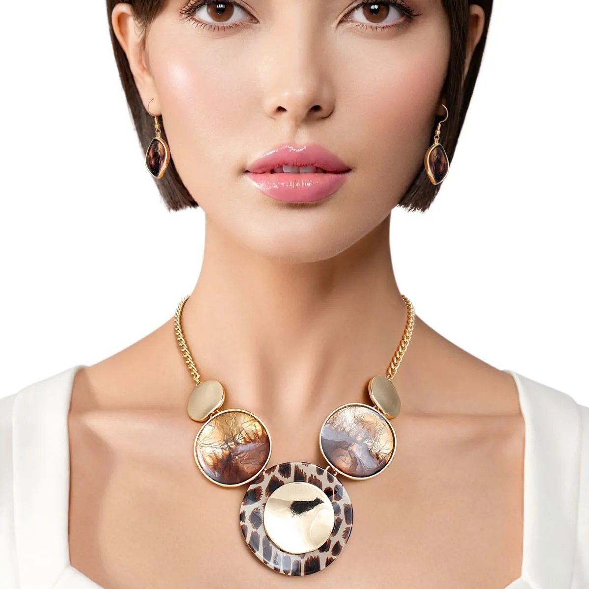 Gold Collar Necklace Set | Leopard Print & Brown Gradient Discs Design | Fashion Jewelry