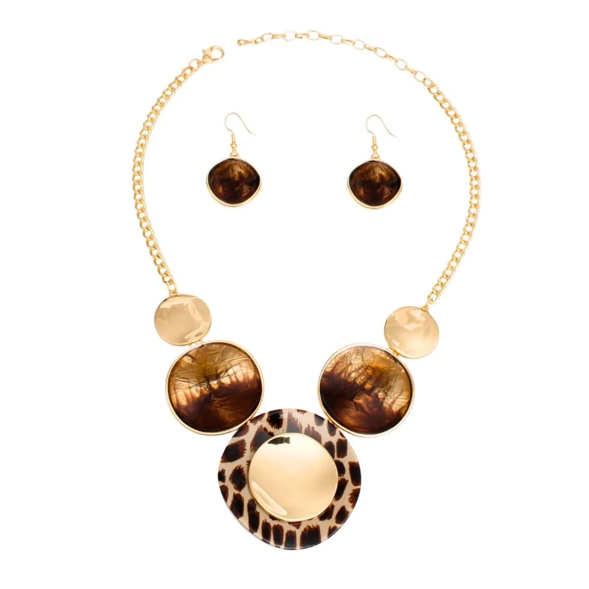 Gold Collar Necklace Set | Leopard Print & Brown Gradient Discs Design | Fashion Jewelry