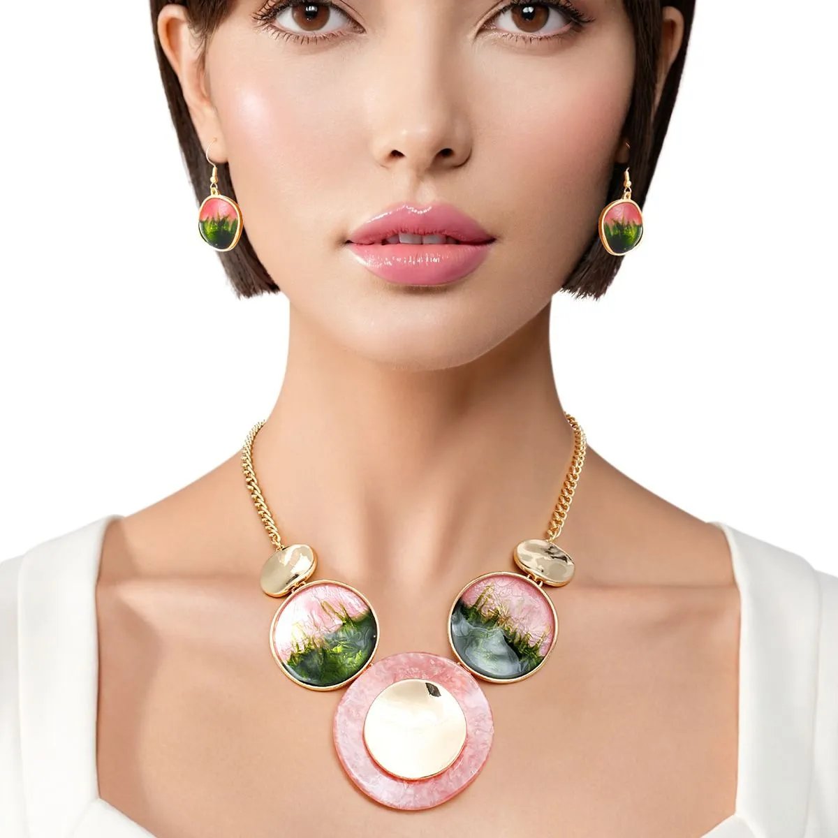 Pink Green Collar Necklace Set | Gold Tone & Marbled Resin Discs Design | Fashion Jewelry