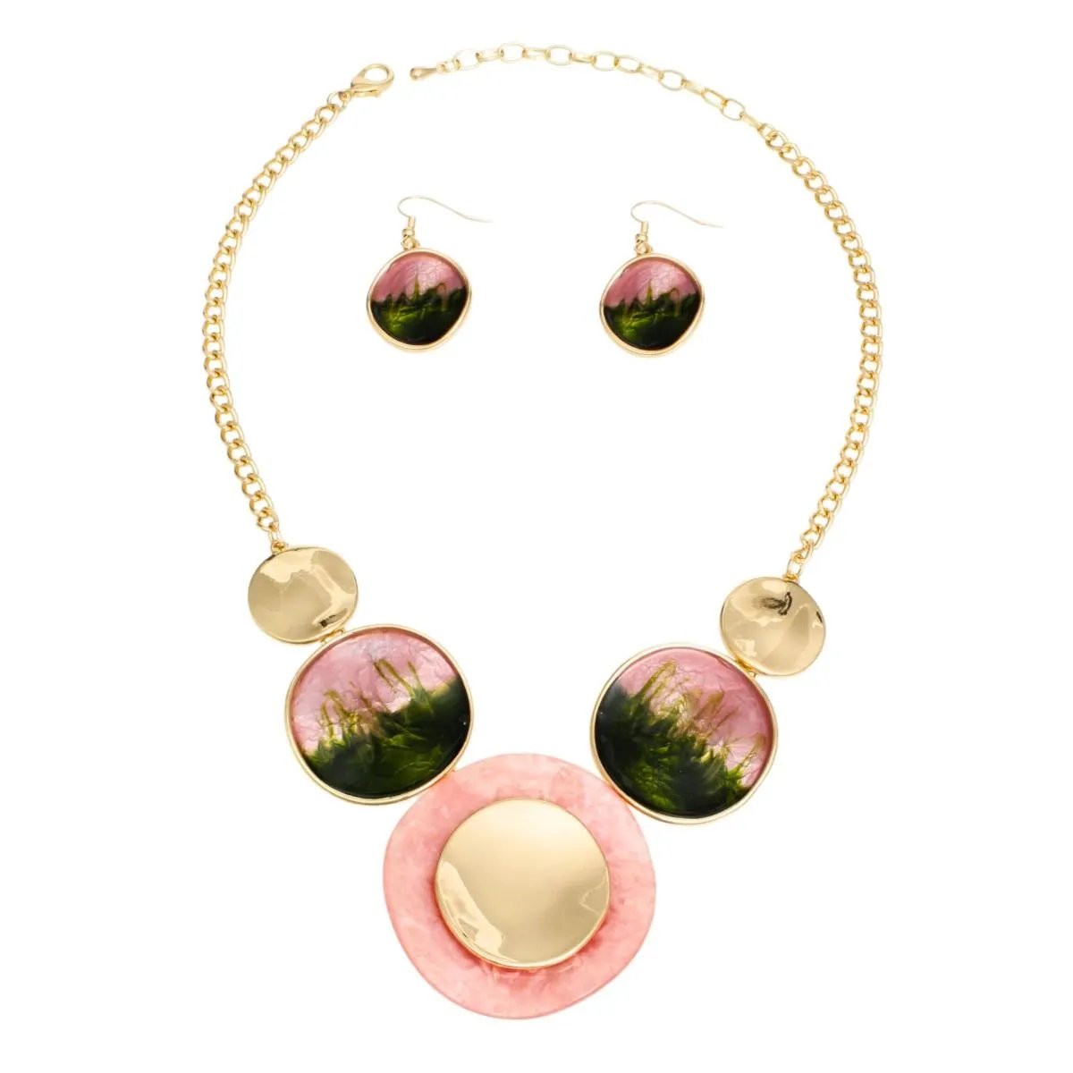 Pink Green Collar Necklace Set | Gold Tone & Marbled Resin Discs Design | Fashion Jewelry