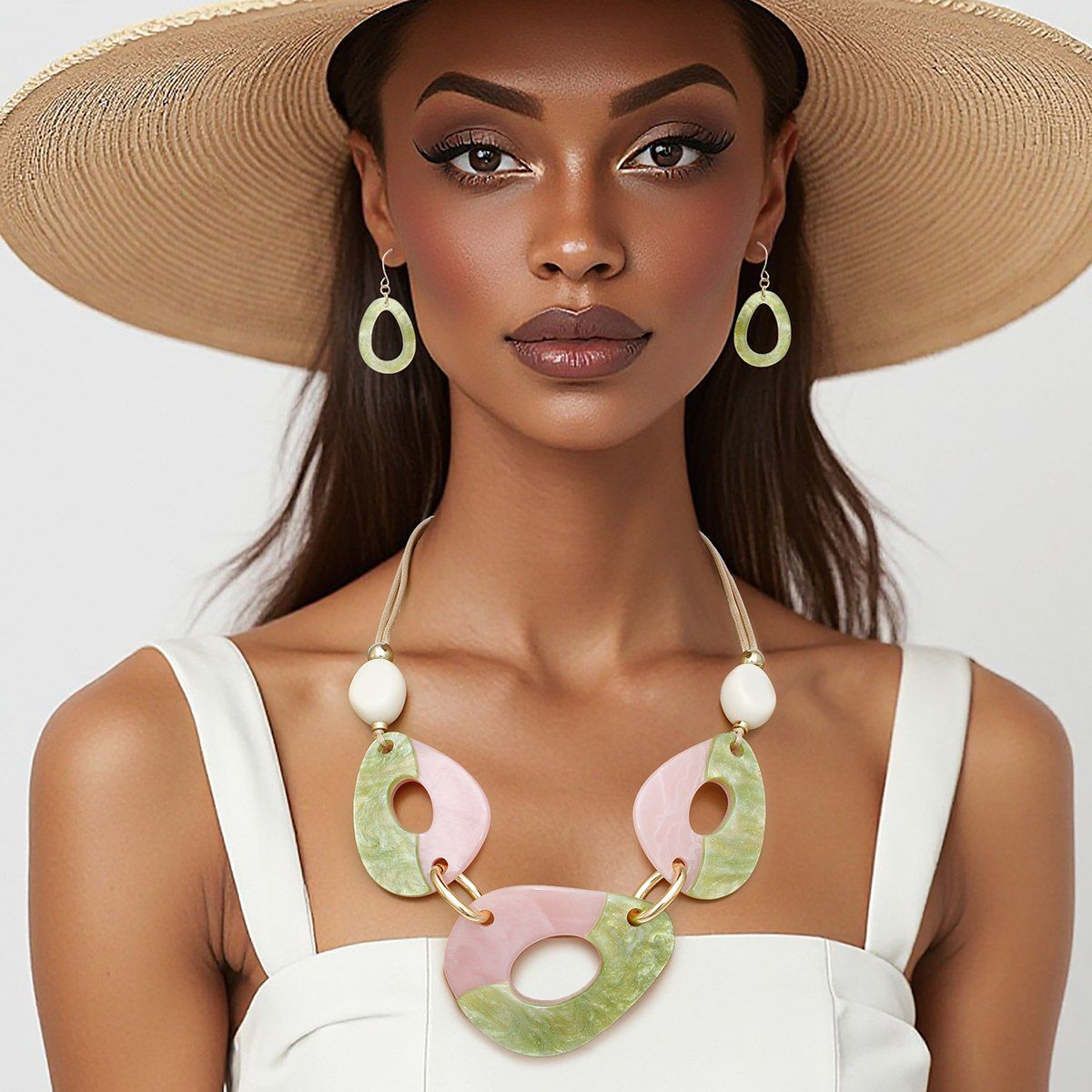 Marbled Acrylic Necklace Cream Beads Green Pink Teardrop Statement Set