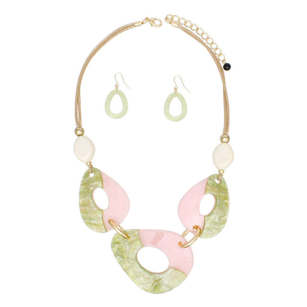 Marbled Acrylic Necklace Cream Beads Green Pink Teardrop Statement Set