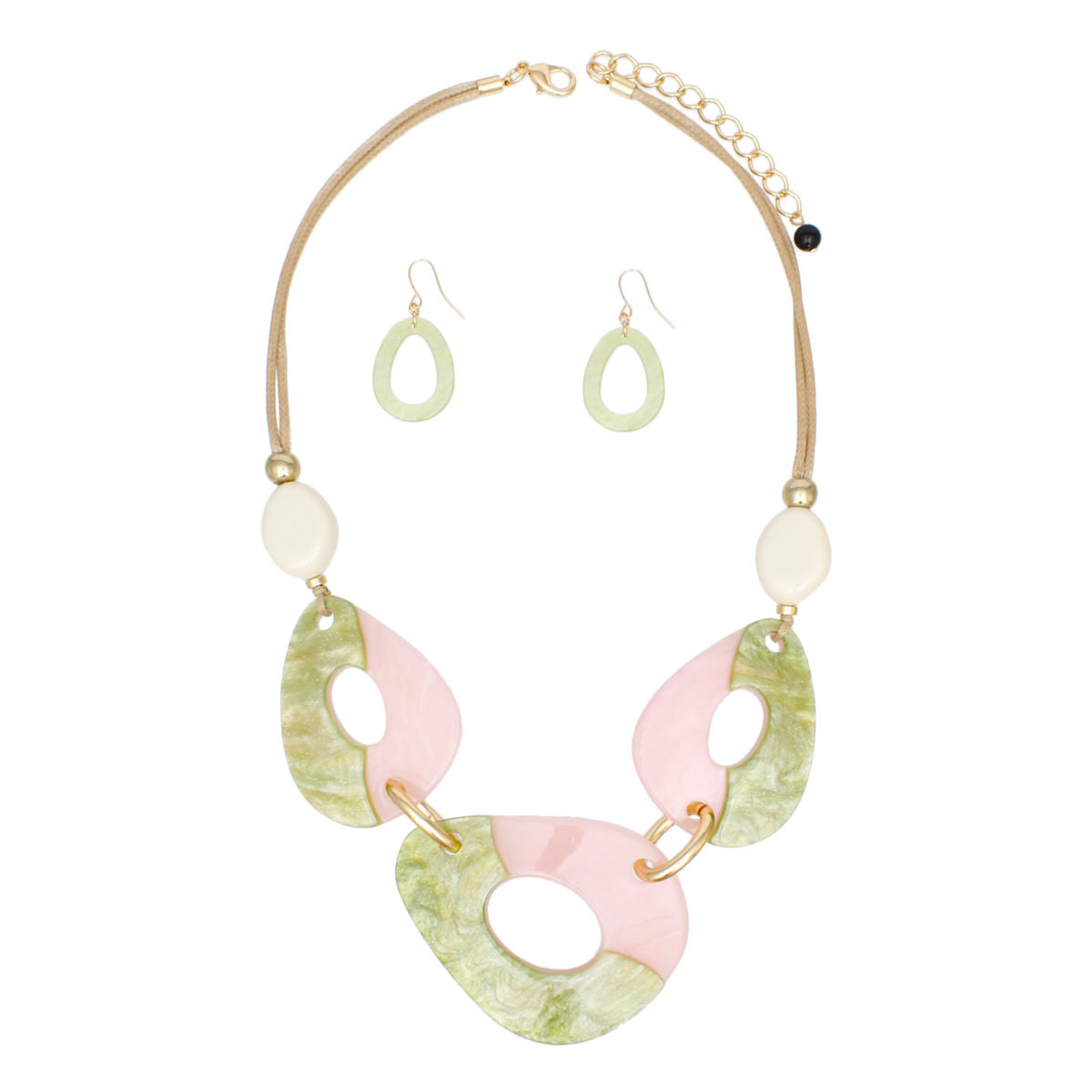 Marbled Acrylic Necklace Cream Beads Green Pink Teardrop Statement Set