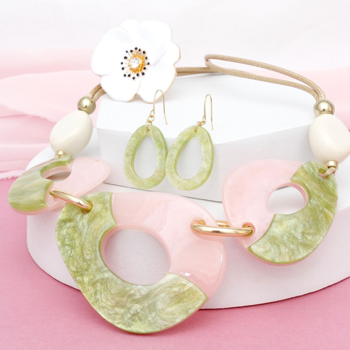 Marbled Acrylic Necklace Cream Beads Green Pink Teardrop Statement Set