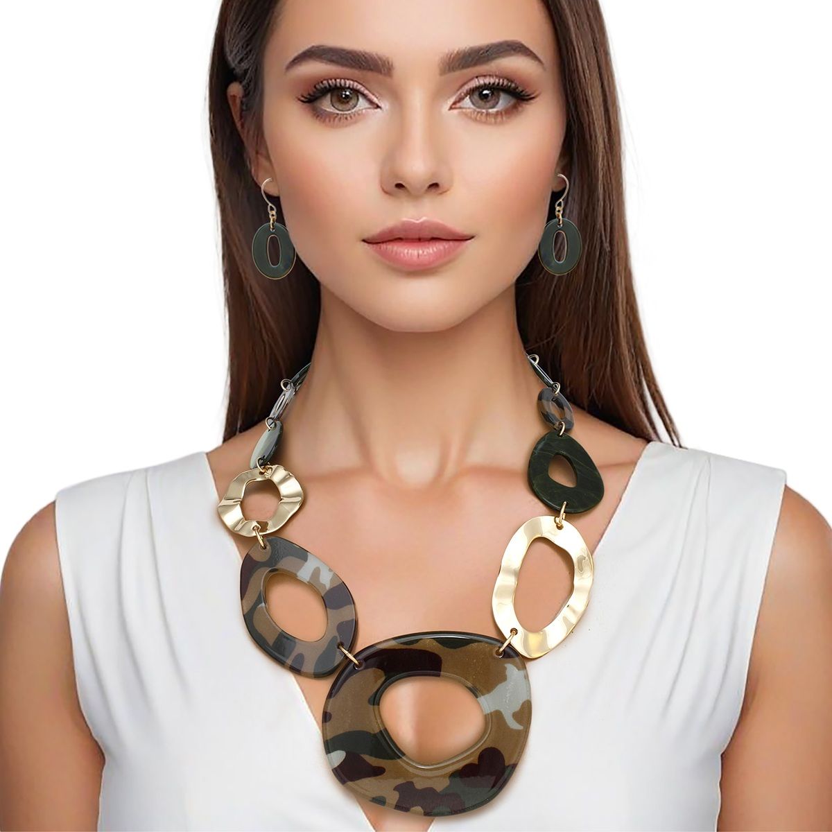 Graduated Link Collar Necklace Camouflage Acrylic Gold Statement Set