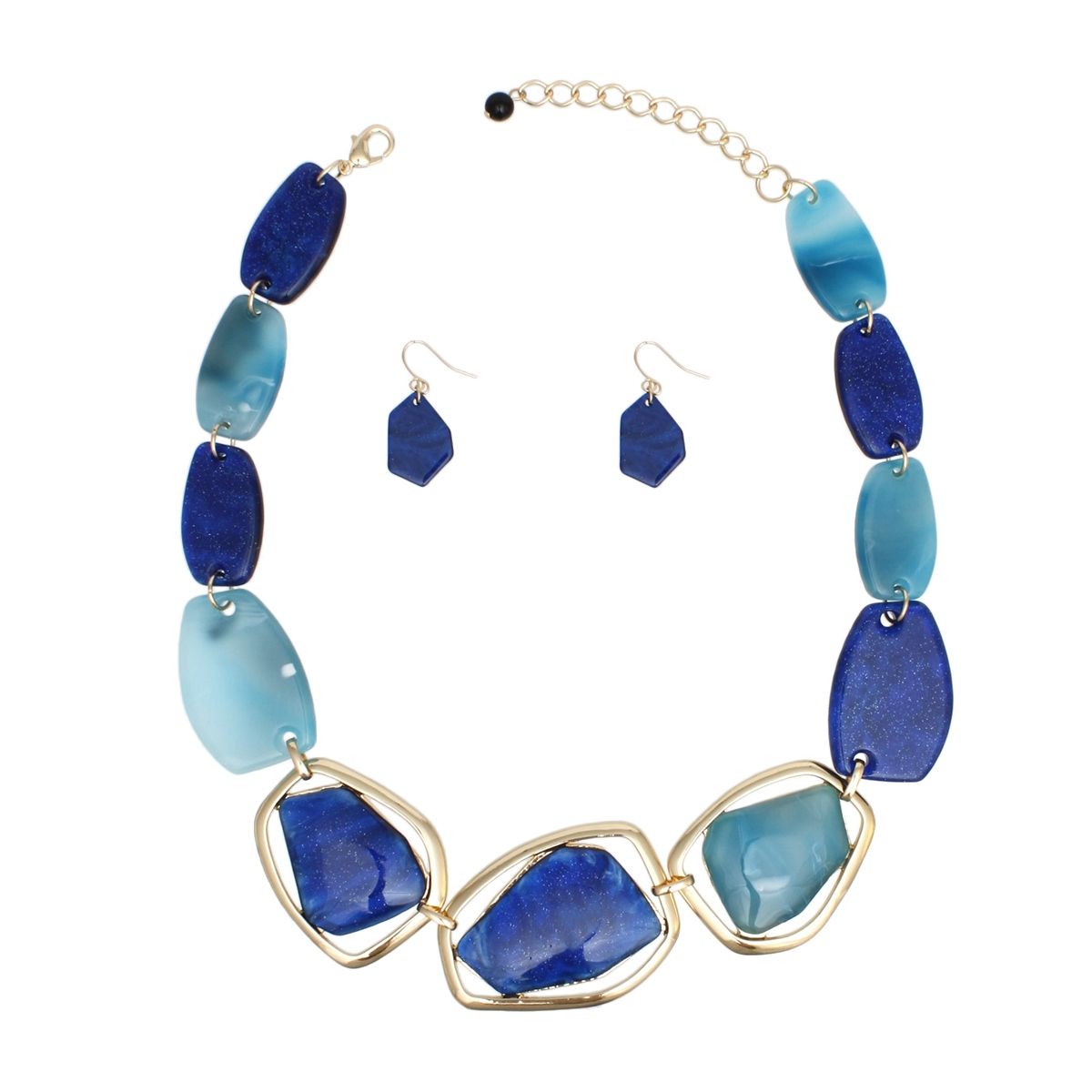 Blue Acrylic Necklace Set Gold Frame Matching Earrings