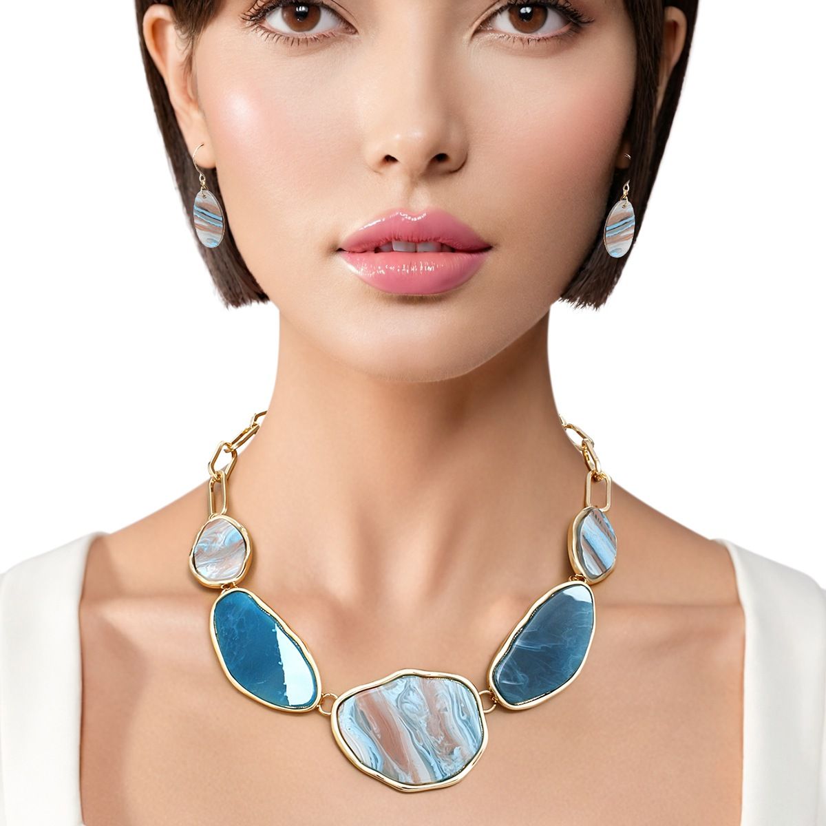 Marbled Resin Chain Necklace Set Coolish Tones | Fashion Jewelry