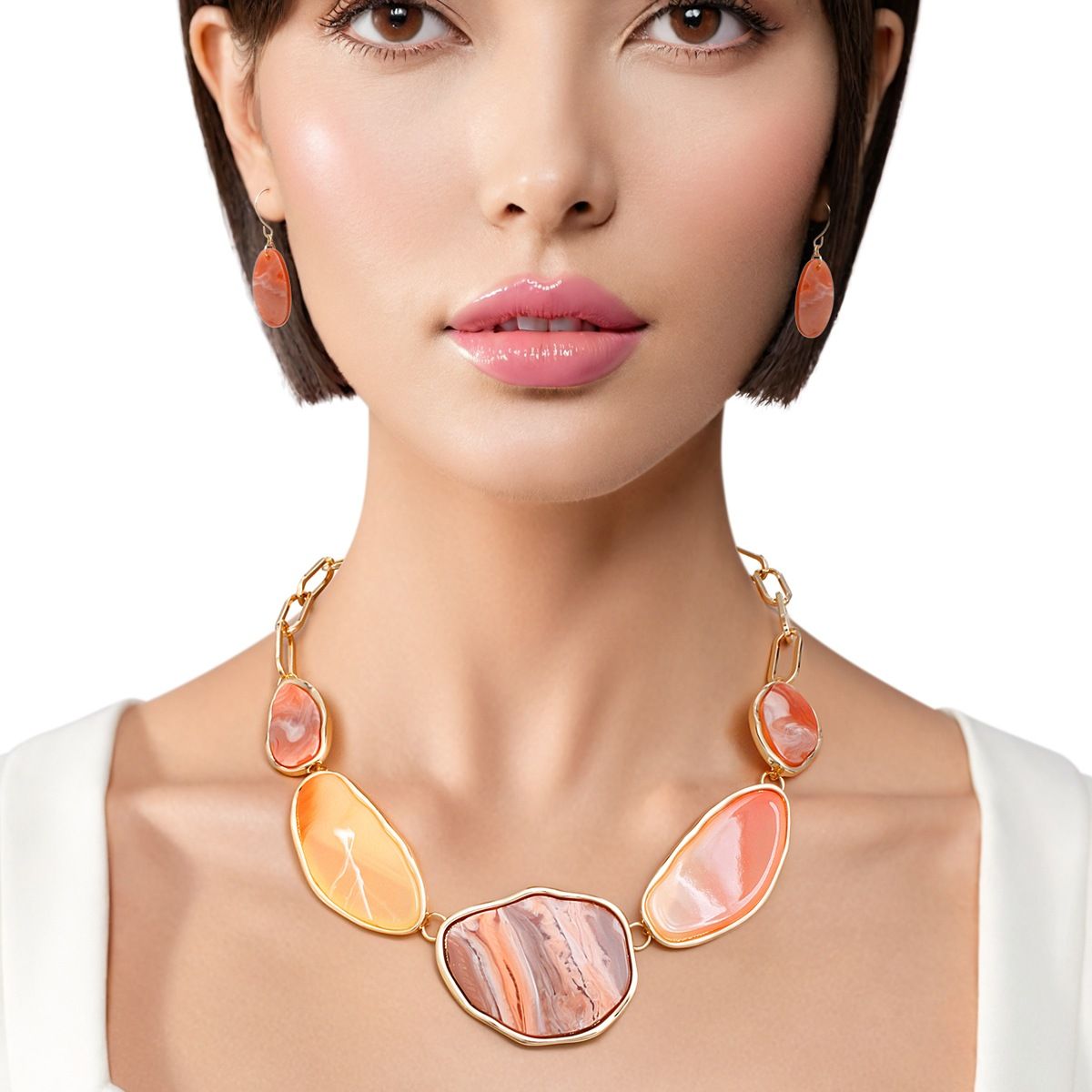 Marbled Resin Chain Necklace Set Warm Tones | Fashion Jewelry