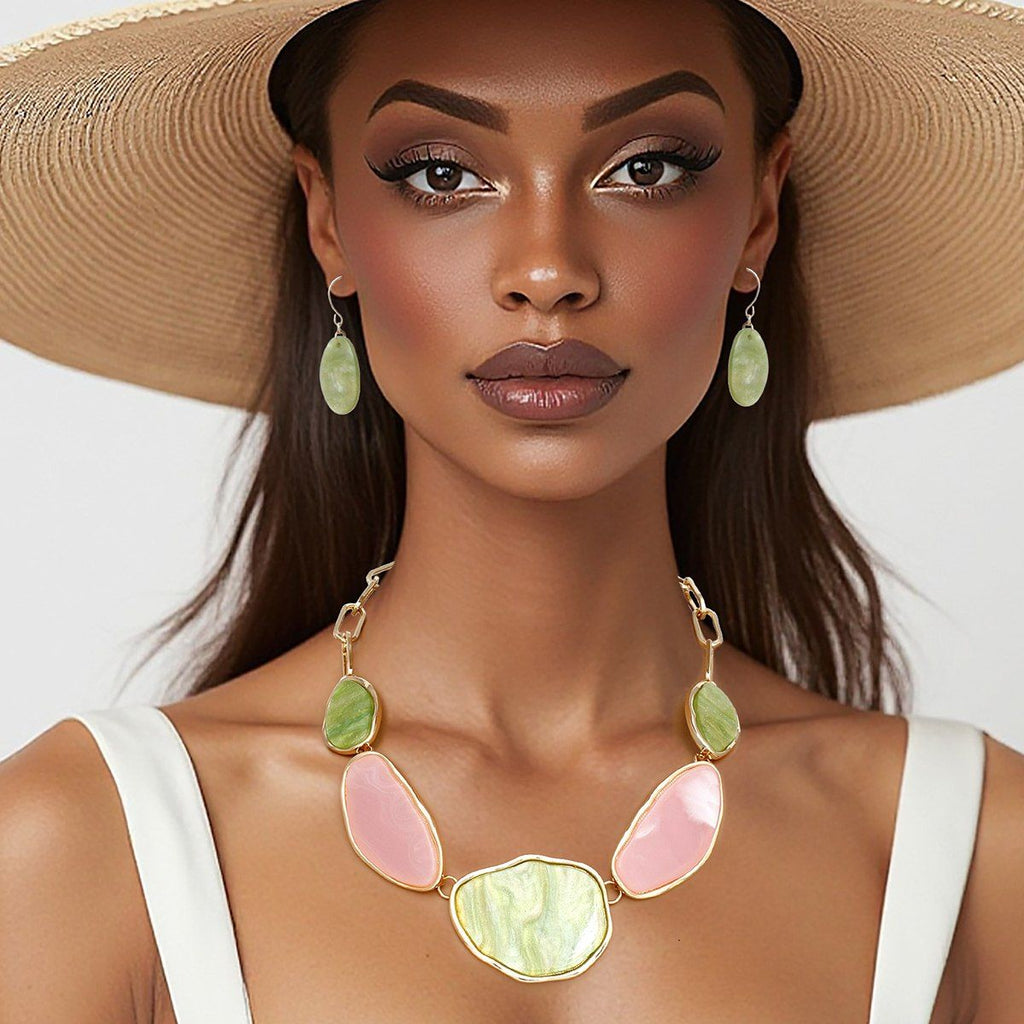 Resin Statement Necklace Set Marbled Pink Green Agate Look with Earrings
