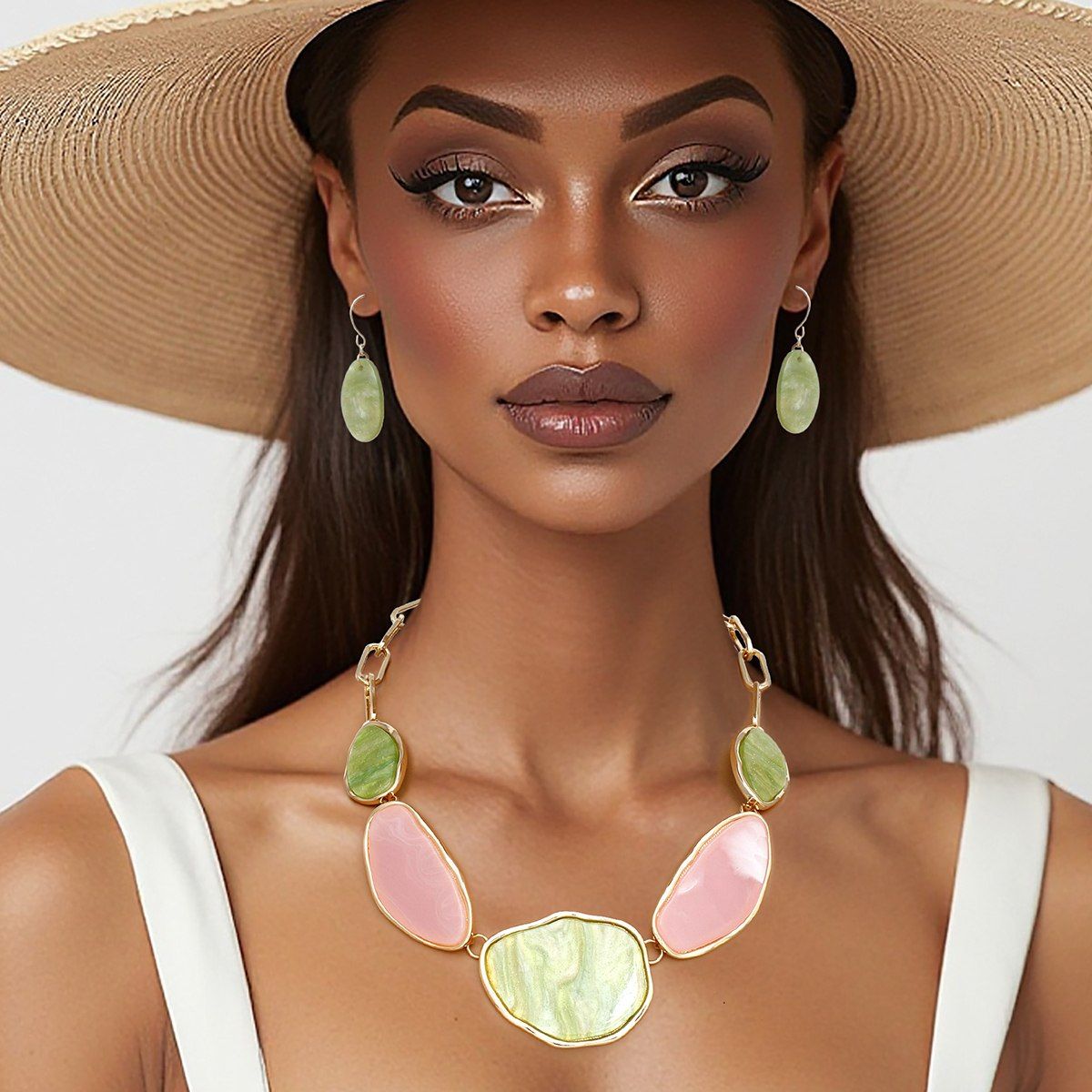 Resin Statement Necklace Set Marbled Pink Green Agate Look with Earrings
